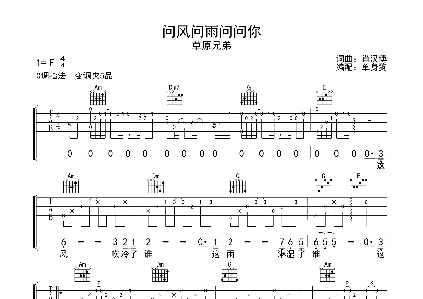 问风问雨问问你吉他谱_草原兄弟_C调弹唱六线谱_单身狗上传