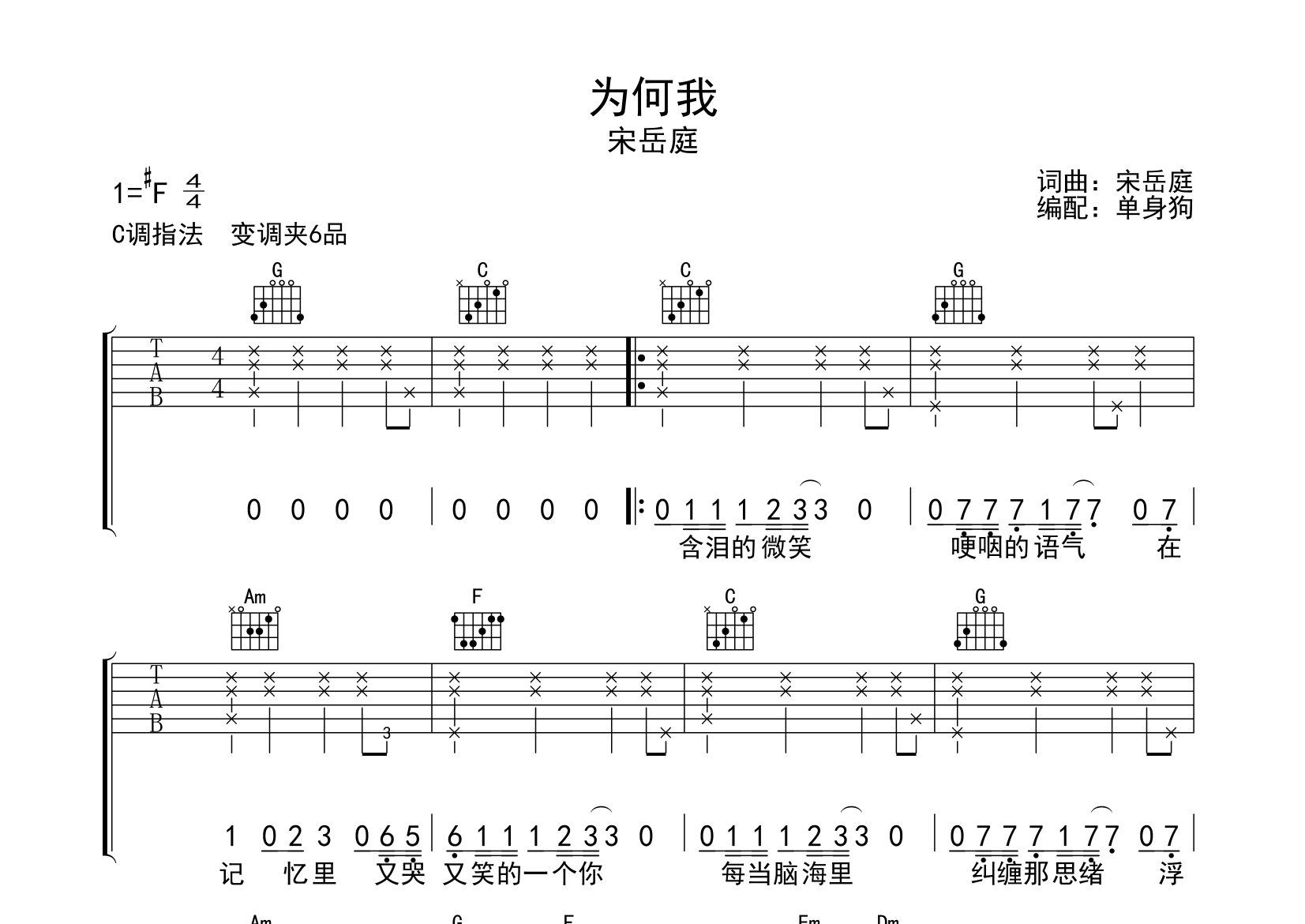 为何我吉他谱_宋岳庭_C调弹唱六线谱_单身狗上传