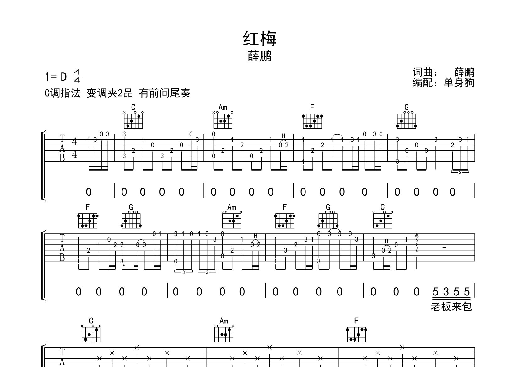 红梅吉他谱_薛鹏_C调弹唱六线谱_单身狗上传