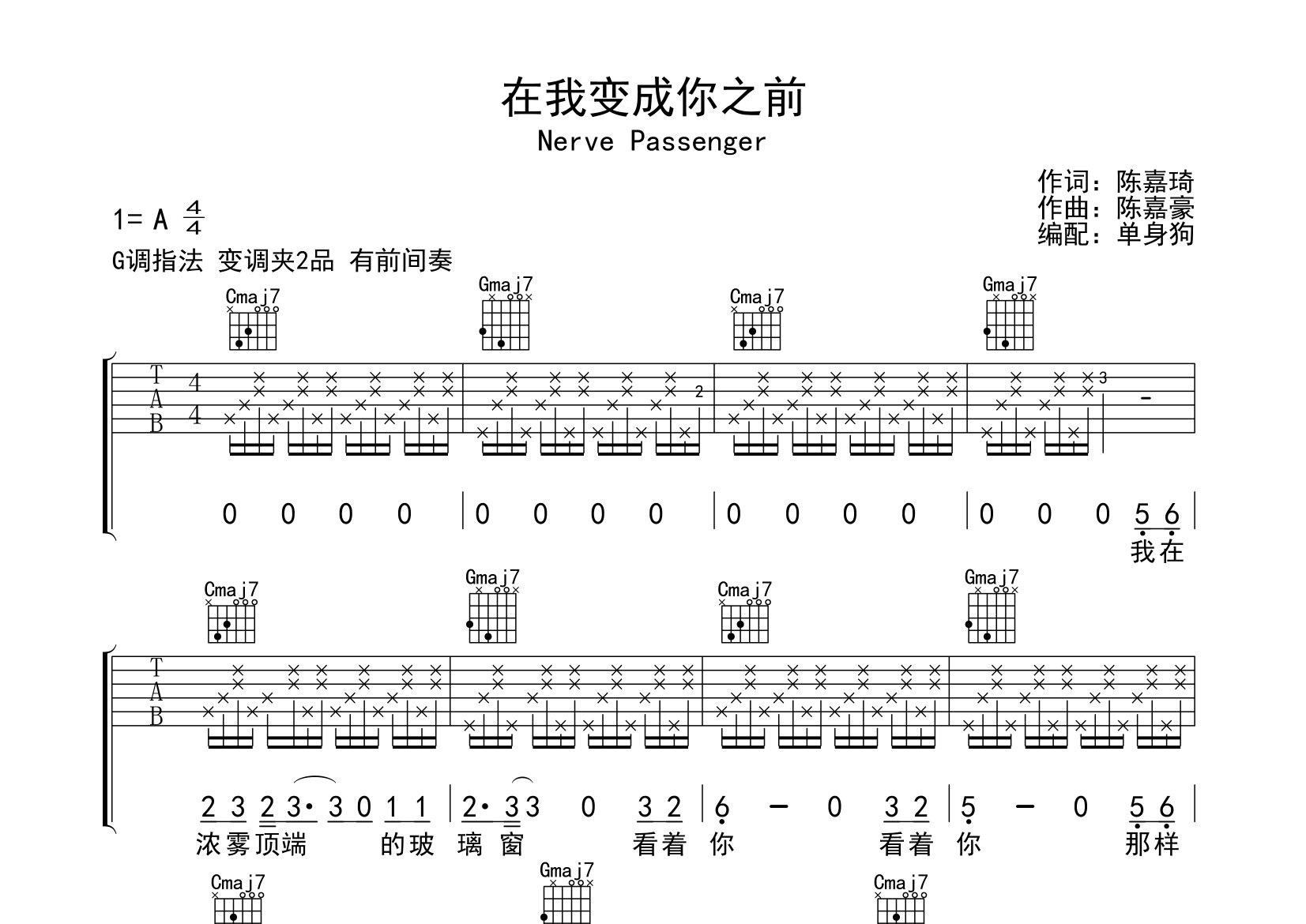 在我变成你之前吉他谱_Nerve Passenger_G调弹唱六线谱