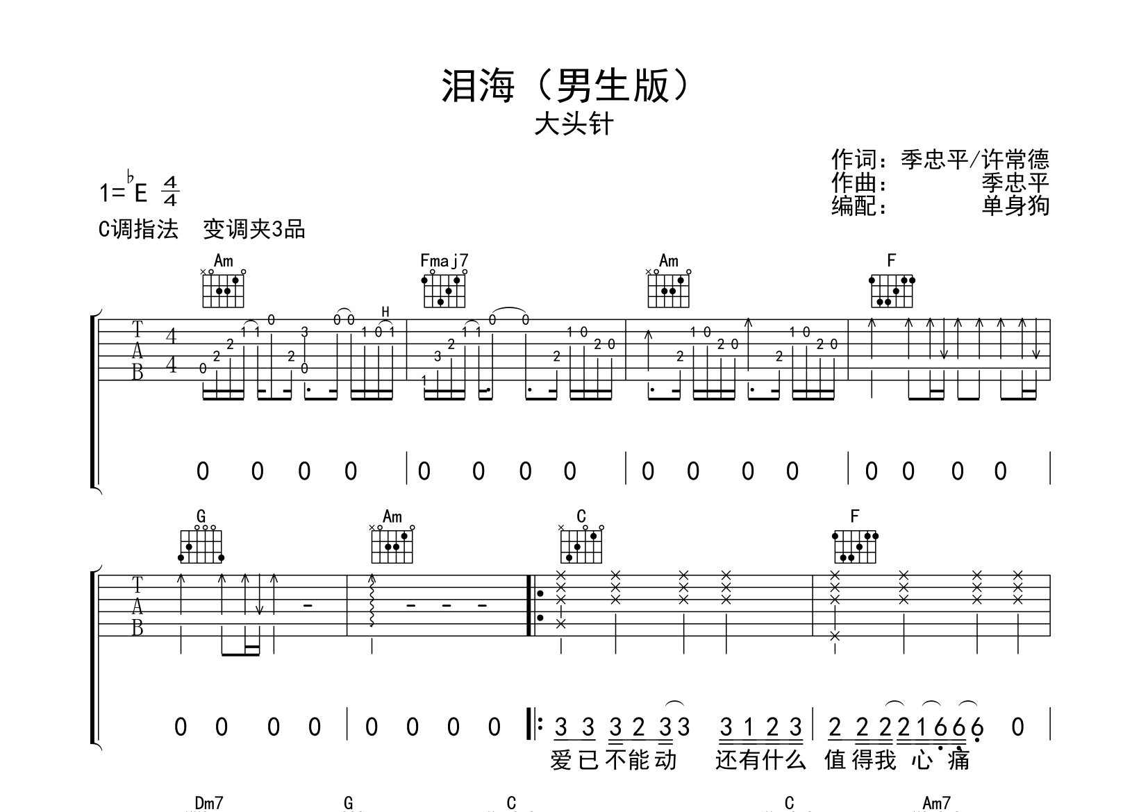 泪海吉他谱_大头针_C调弹唱六线谱_单身狗上传