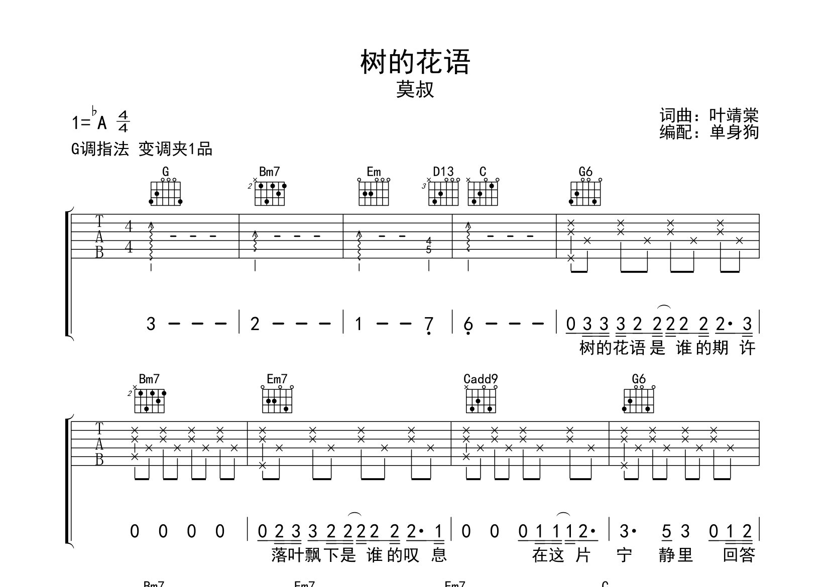 树的花语吉他谱_莫叔_G调弹唱六线谱_单身狗上传