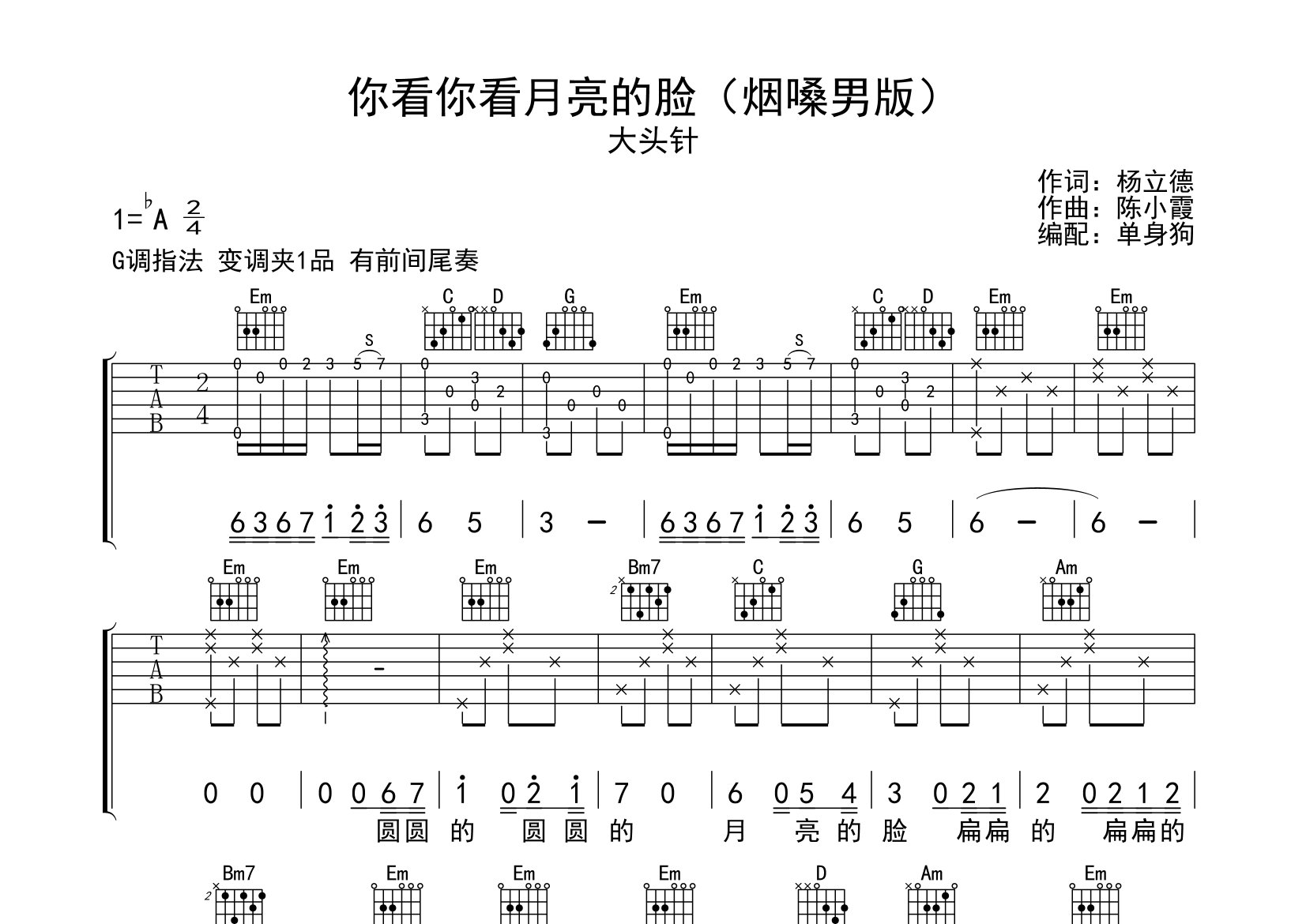 你看你看月亮的脸吉他谱_大头针_G调弹唱六线谱_单身狗上传