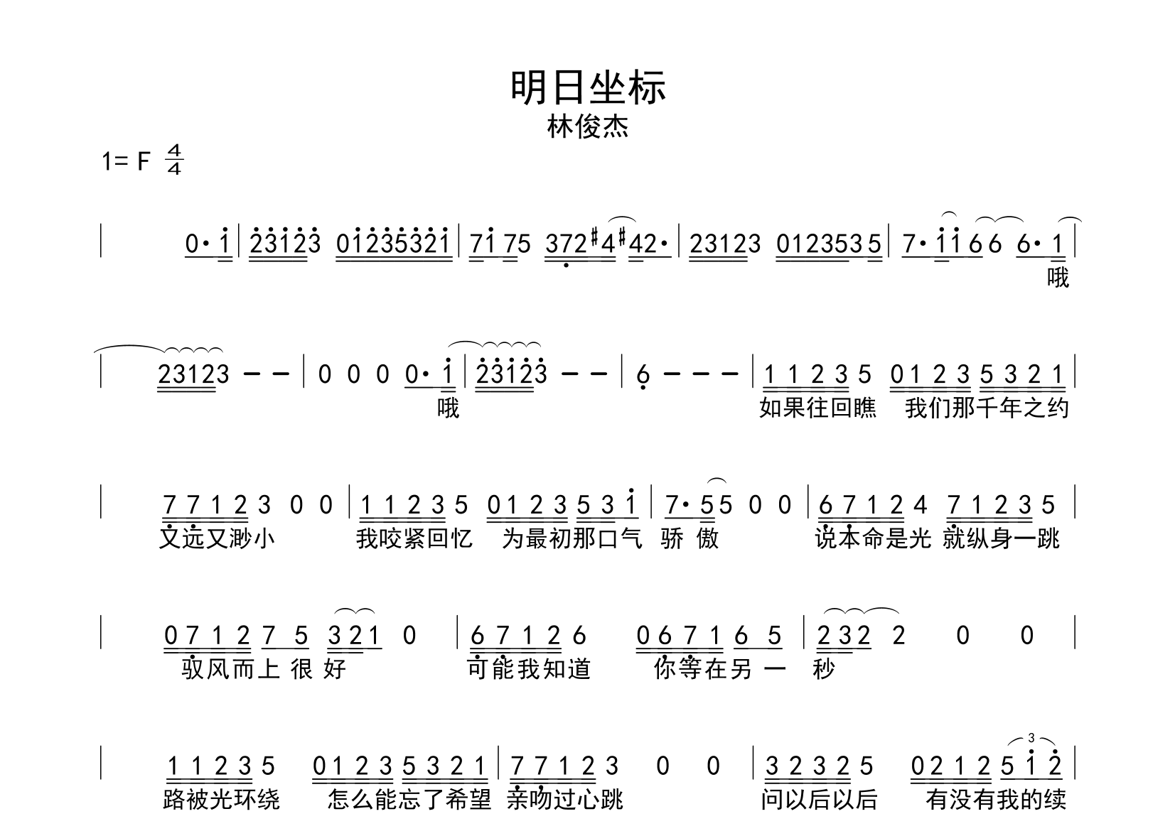 明日坐标简谱_林俊杰_歌曲简谱_单身狗上传