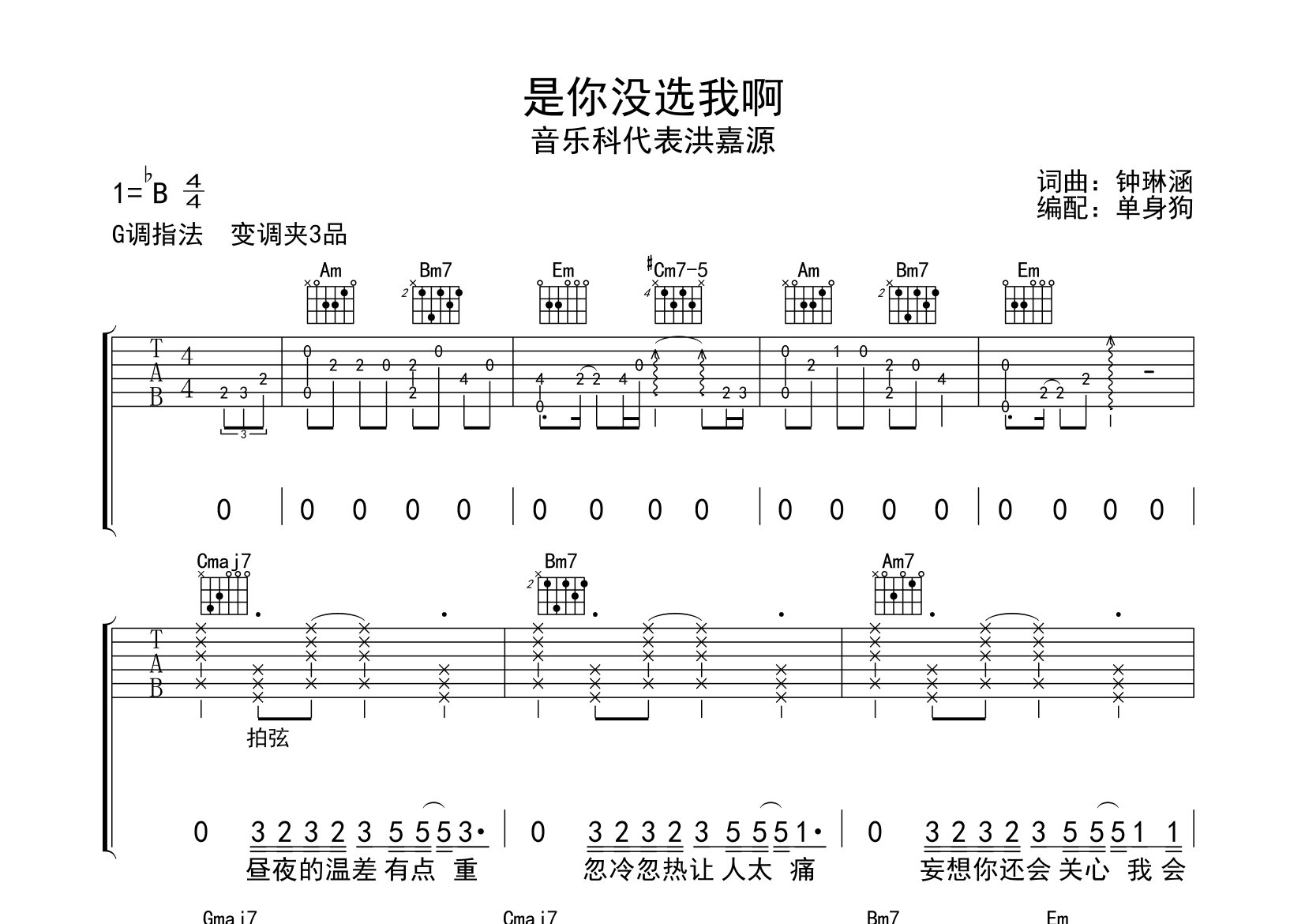 是你没选我啊吉他谱_科代表洪嘉源_G调弹唱六线谱