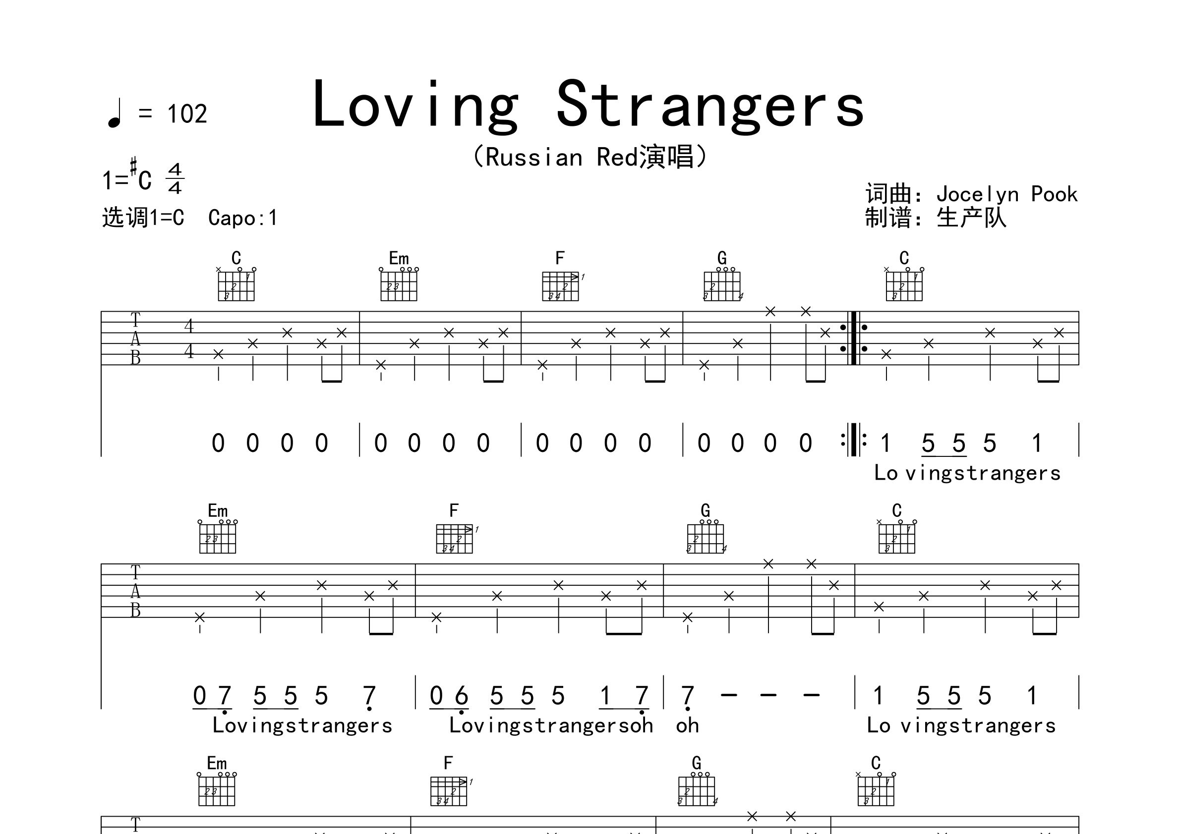 Loving Strangers吉他谱_Russian Red_C调弹唱六线谱_生产队上传