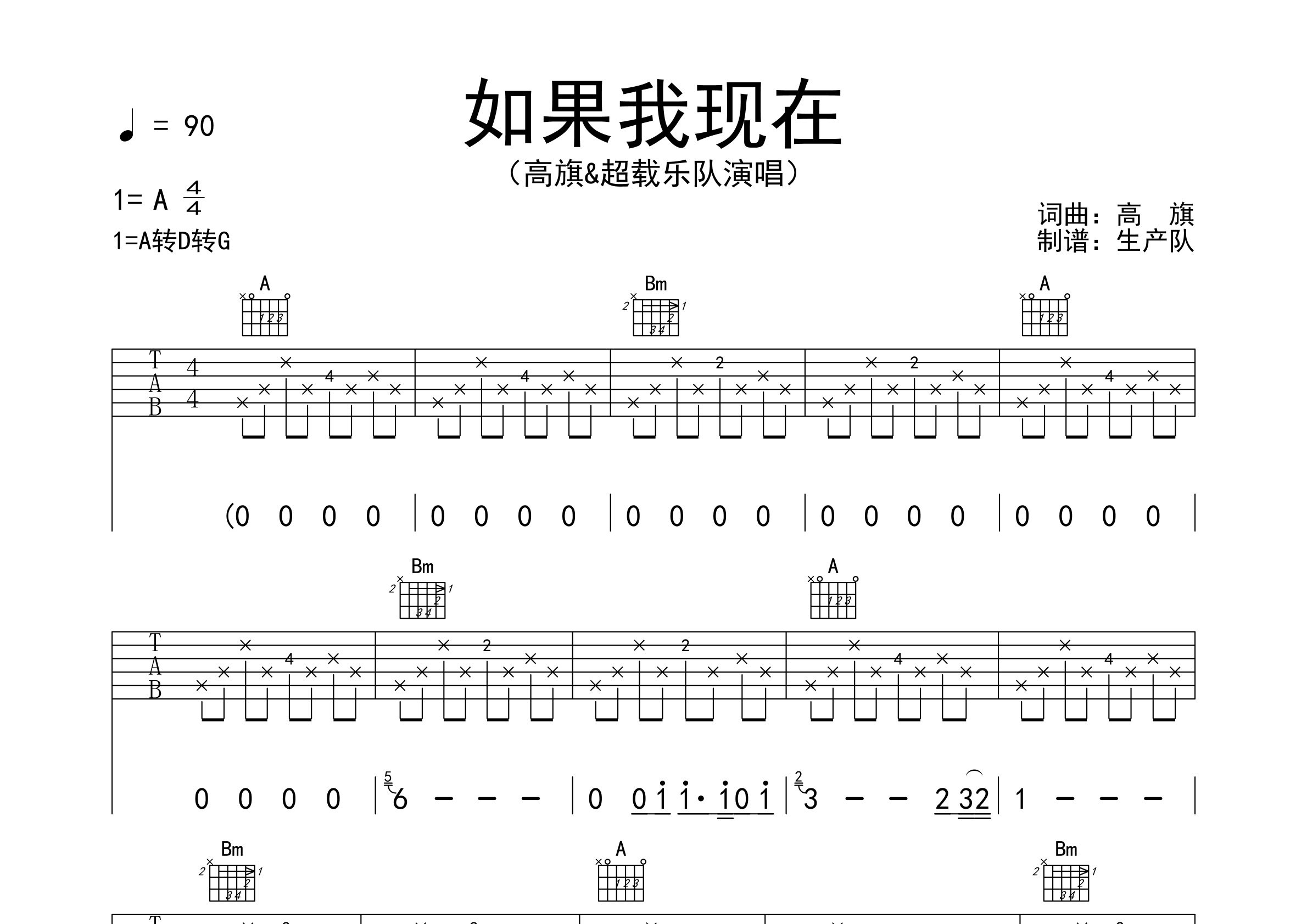 如果我现在吉他谱_高旗_A调弹唱六线谱_生产队上传