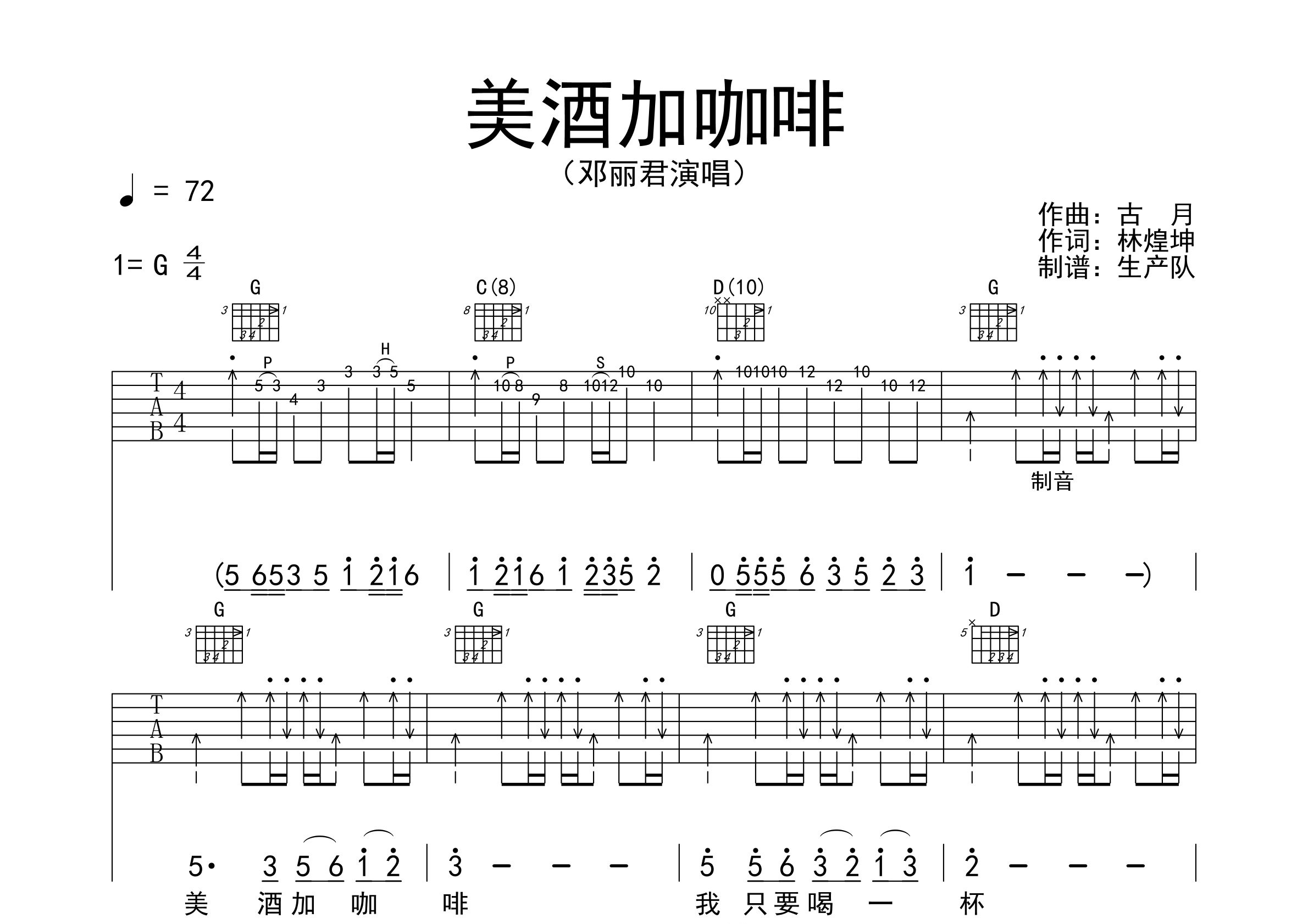 美酒加咖啡吉他独奏谱图片