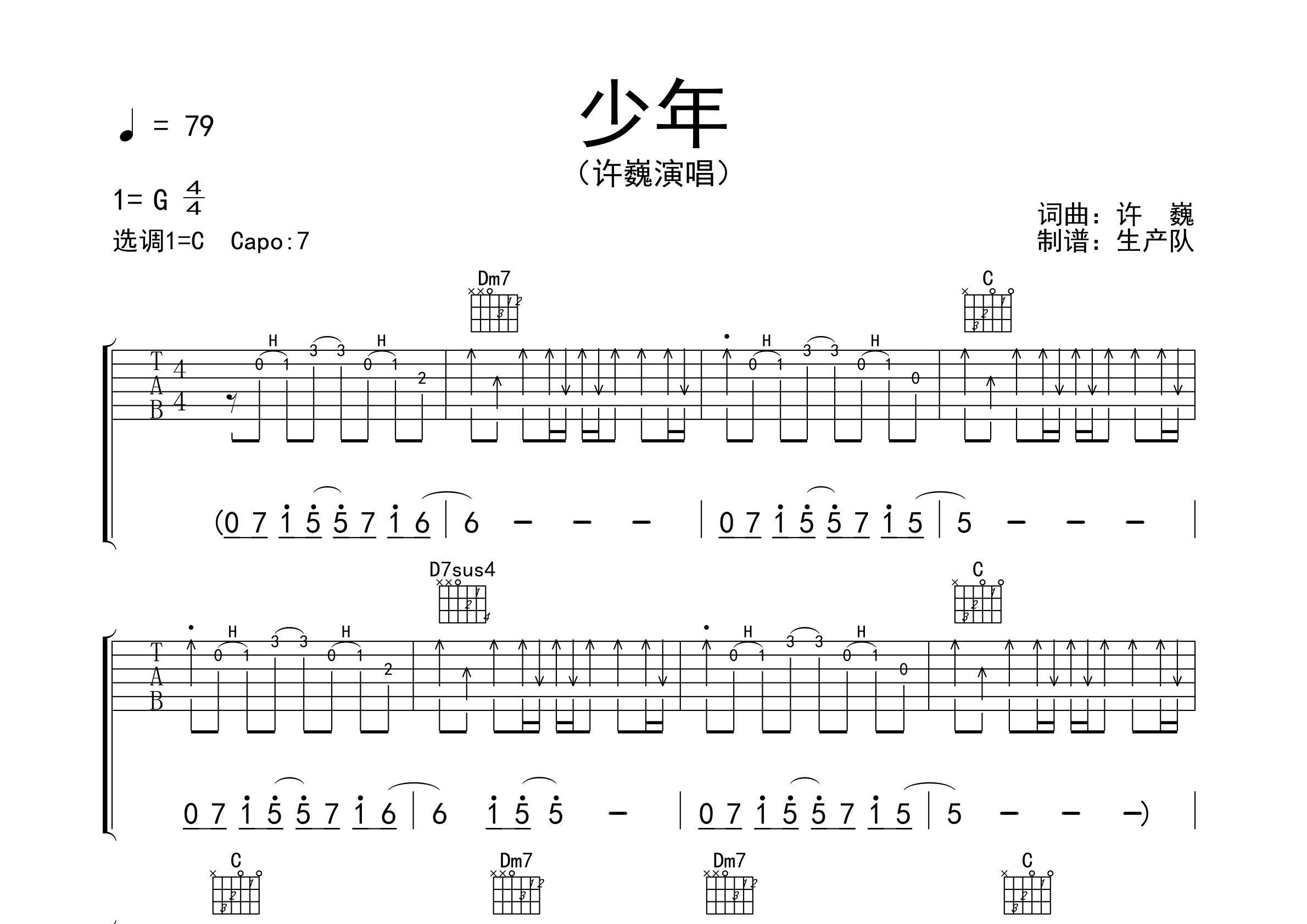 少年吉他谱_许巍_C调完美版弹唱六线谱_生产队编配