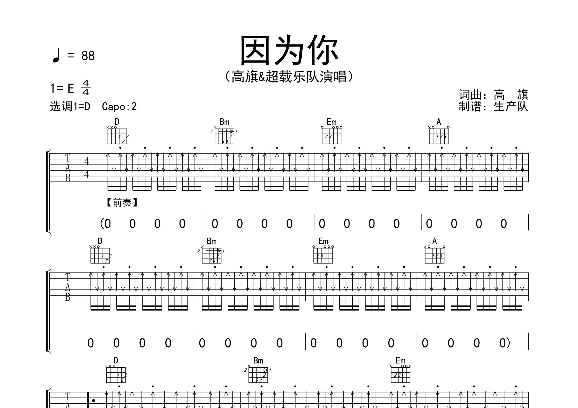 因为你吉他谱_超载乐队_D调弹唱六线谱_生产队上传