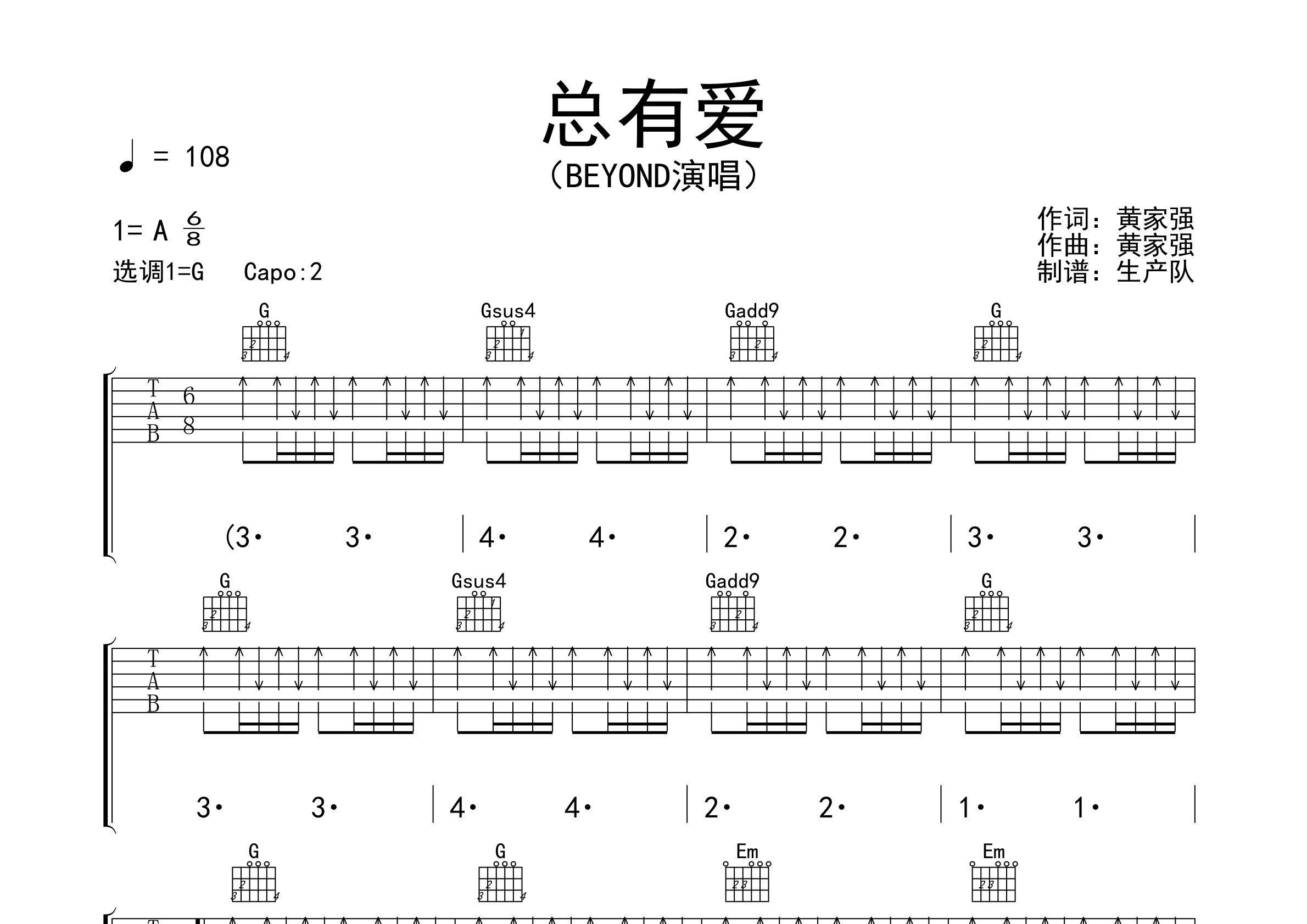 总有爱吉他谱_Beyond_G调弹唱六线谱_生产队上传