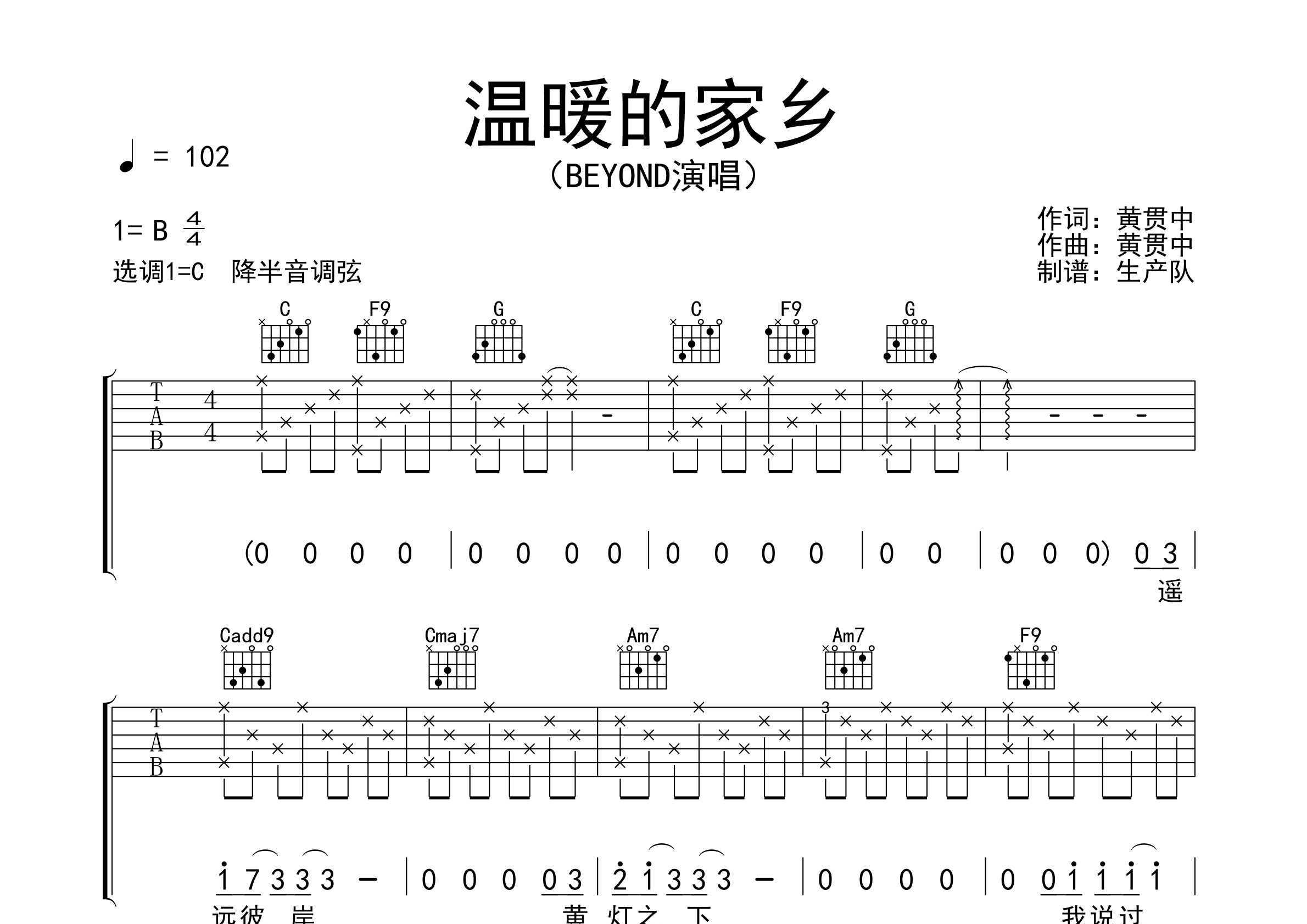 温暖的家乡吉他谱_Beyond_C调弹唱六线谱_生产队上传