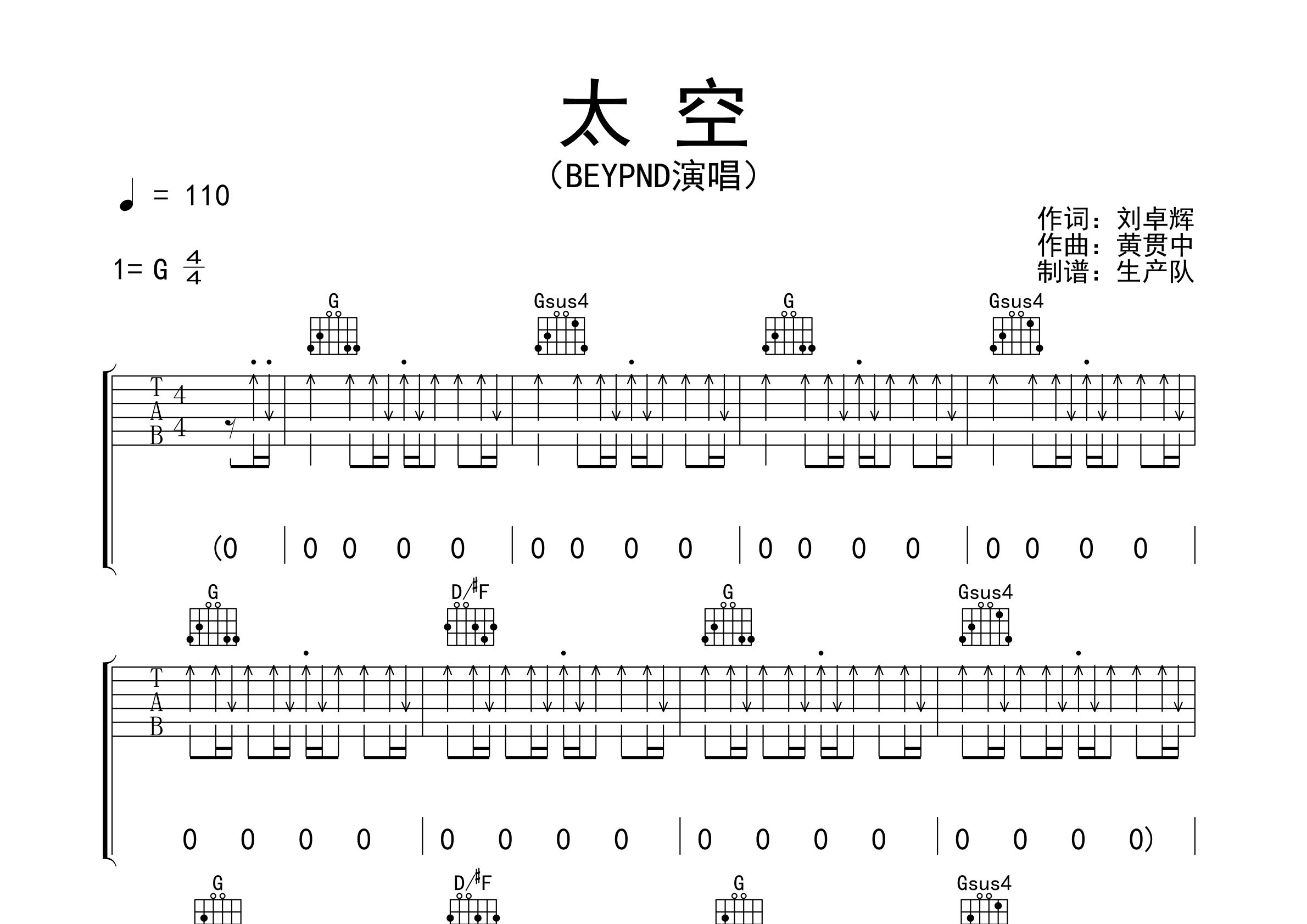 太空吉他谱_Beyond_G调弹唱六线谱_生产队上传