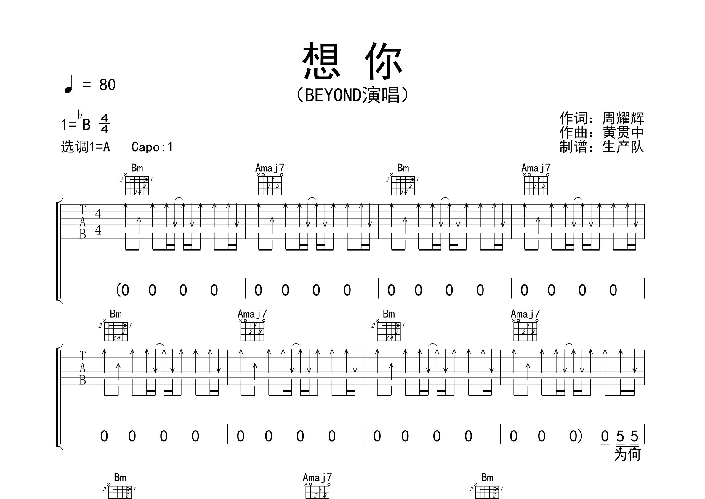 想你吉他谱_Beyond_A调弹唱六线谱_生产队上传