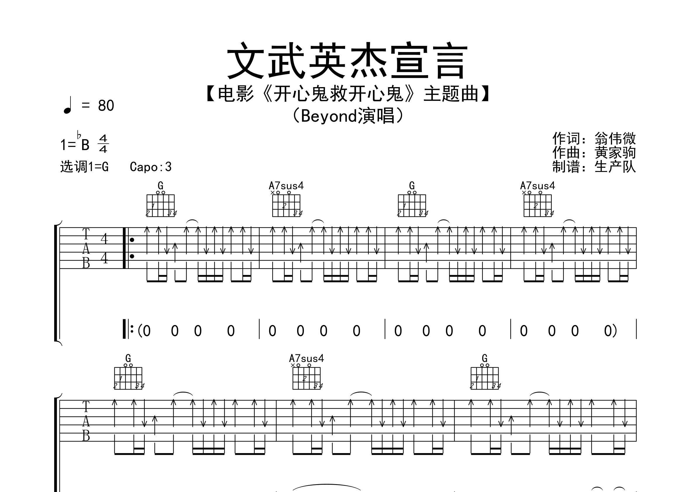 文武英杰宣言吉他谱_Beyond_G调弹唱六线谱_生产队上传
