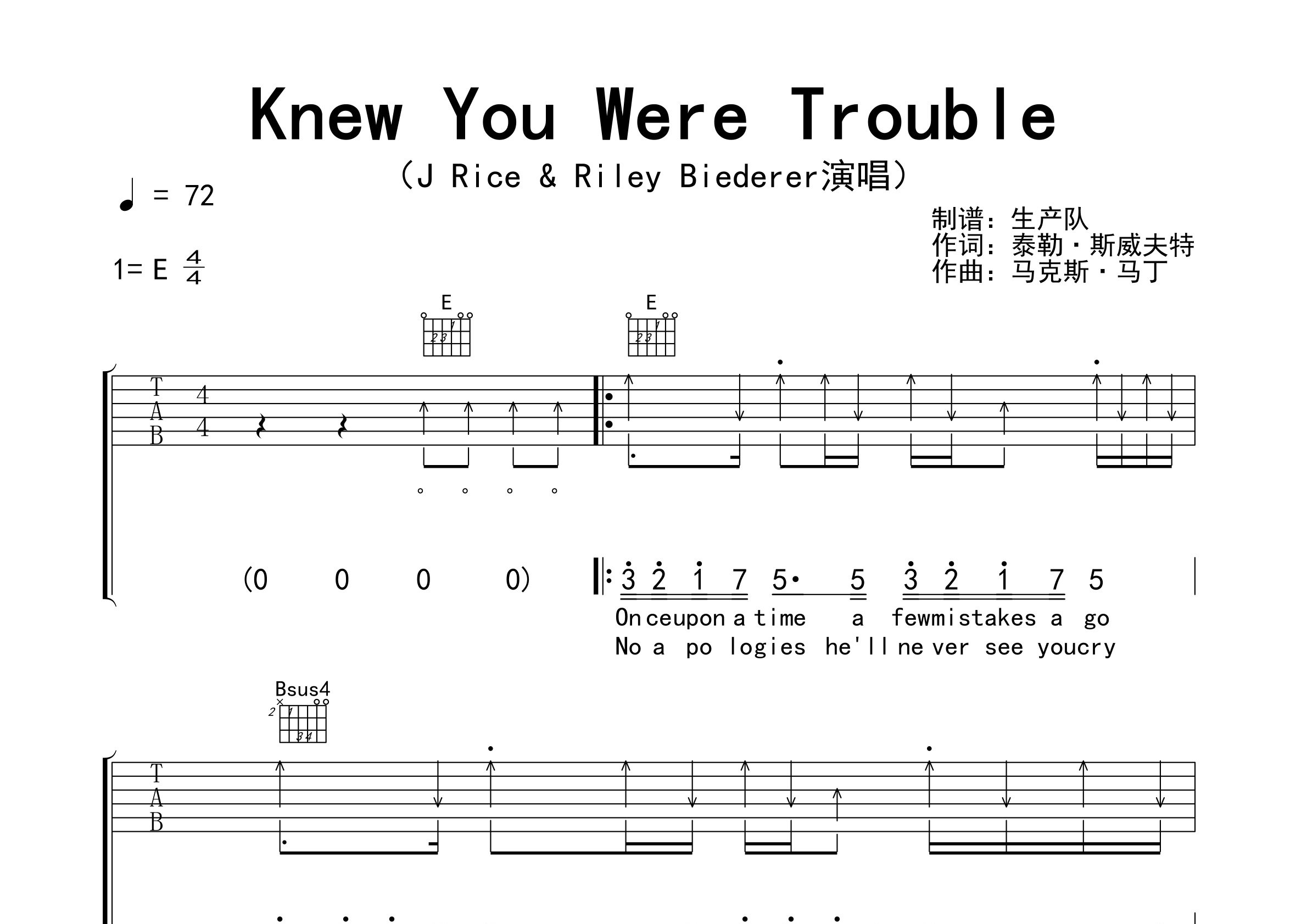 Knew You Were Trouble吉他谱_J Rice/Riley Biederer_E调弹唱六线谱