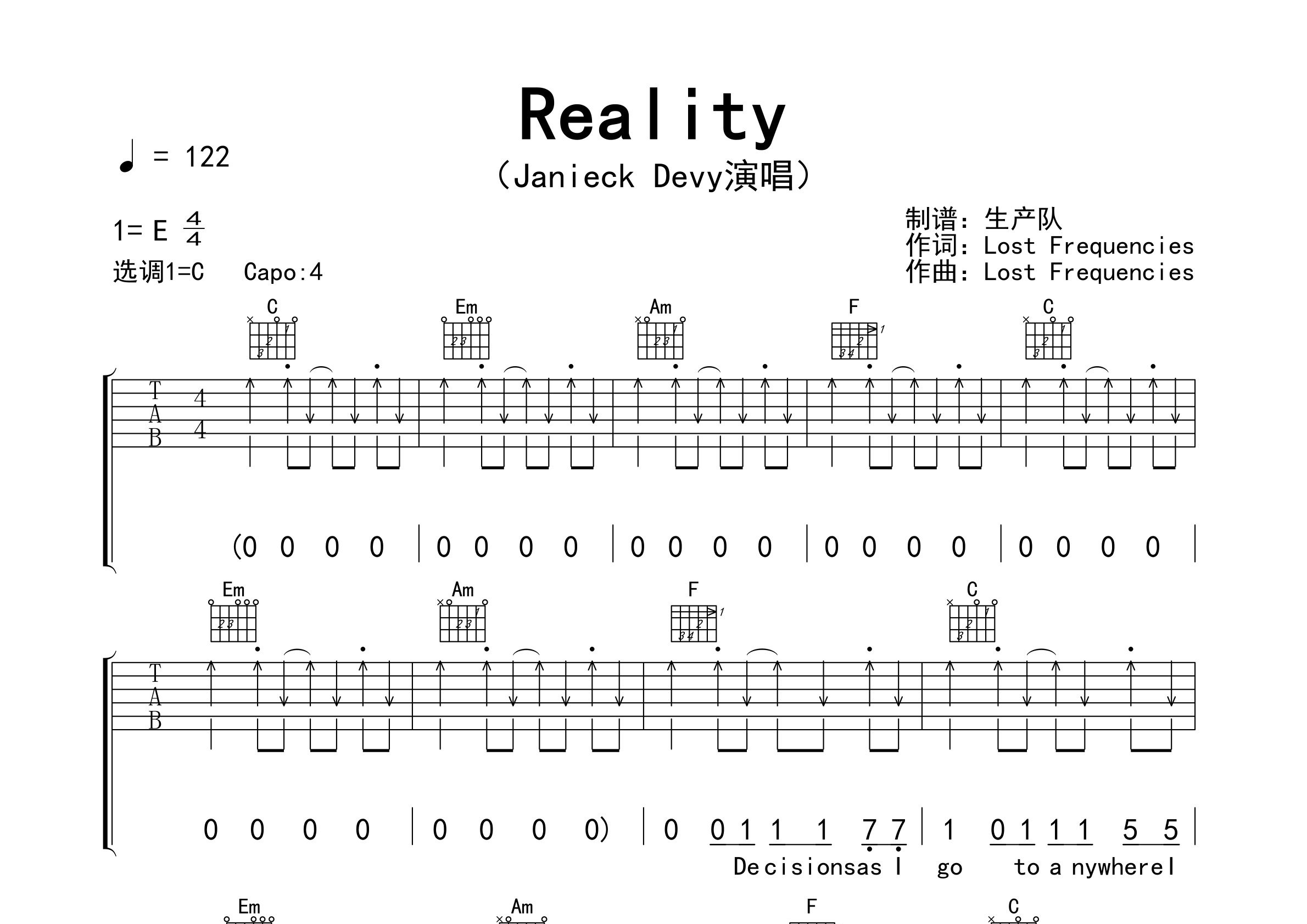 Reality吉他谱_Janieck Devy/Lost Frequencies_C调弹唱六线谱