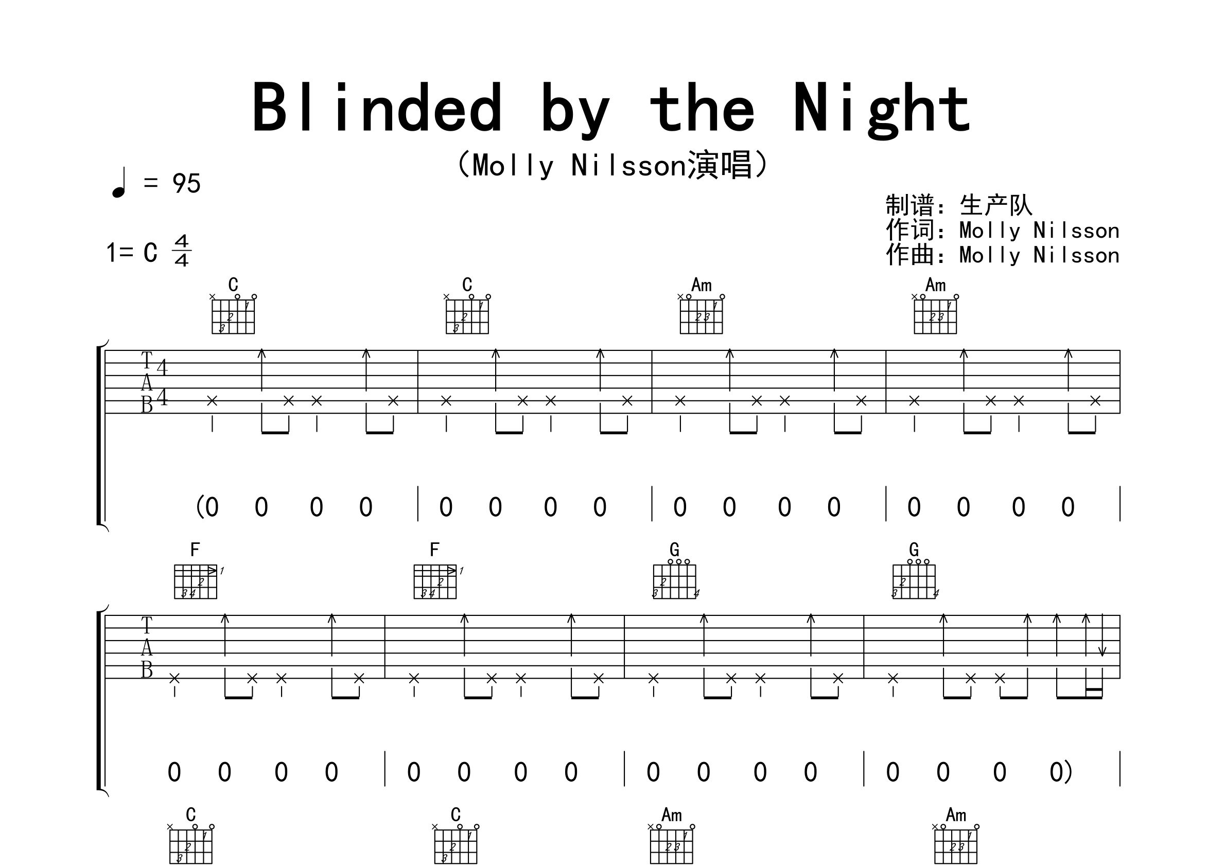 Blinded by the Night吉他谱_Molly Nilsson_C调弹唱六线谱