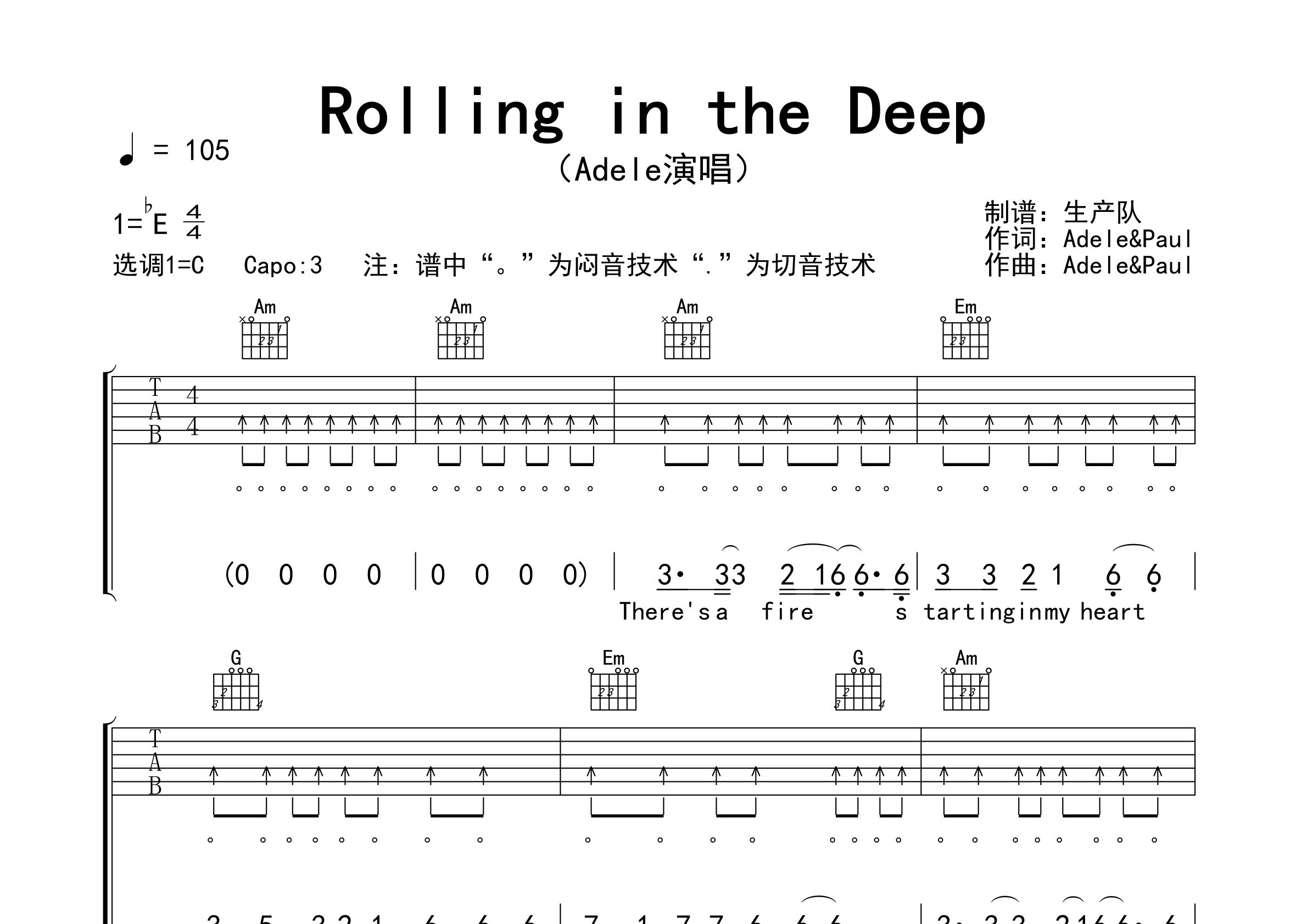Rolling in the Deep吉他谱_Adele_C调弹唱六线谱_生产队上传