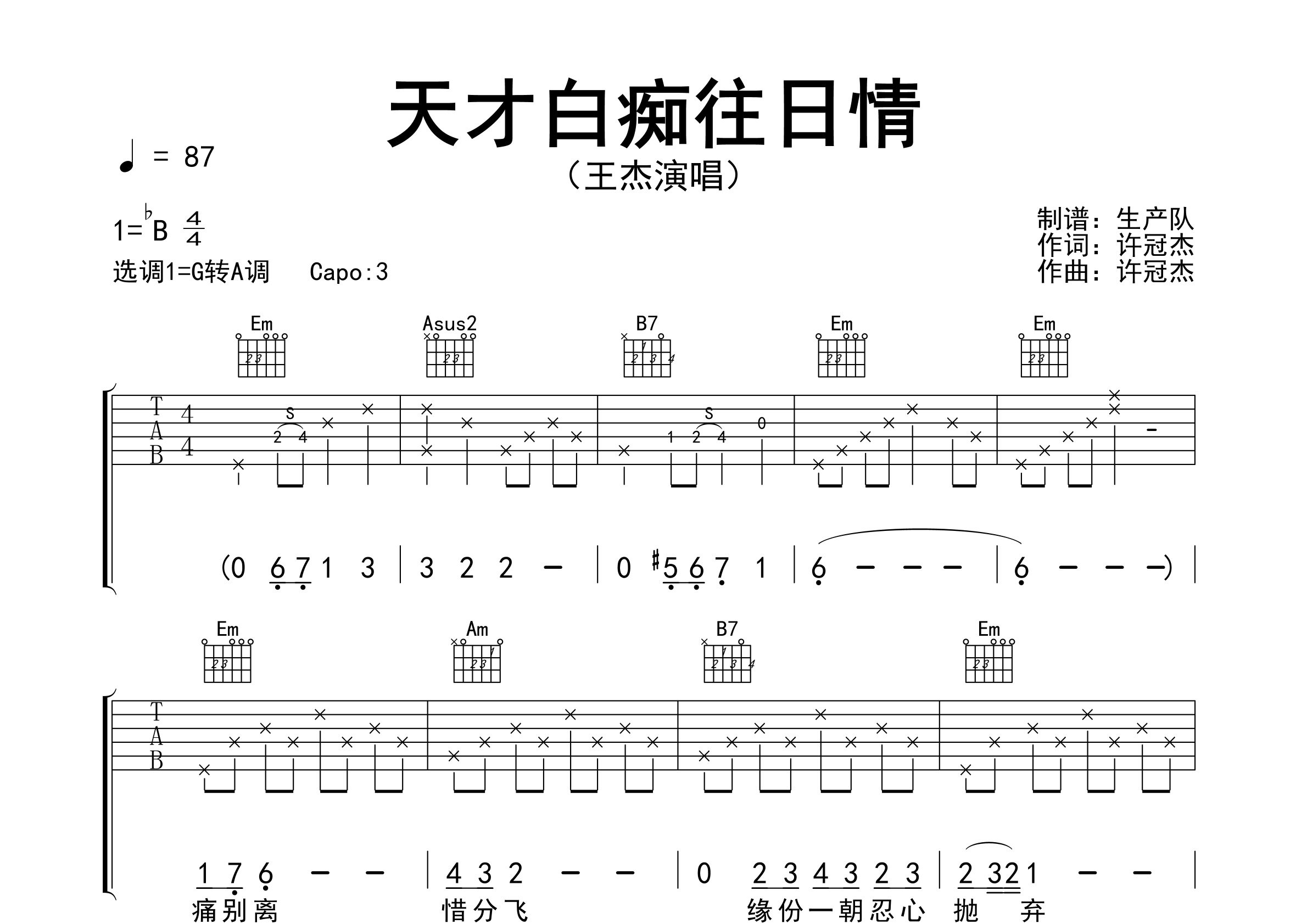 天才白痴往日情吉他谱_王杰_G调弹唱六线谱_生产队上传