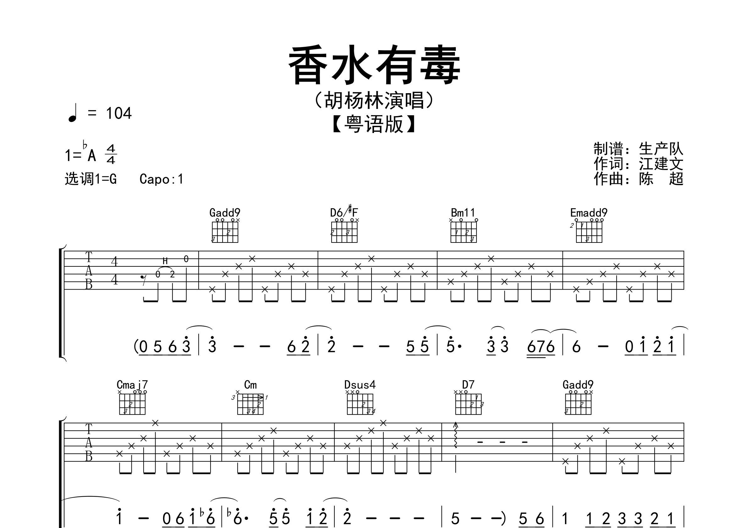 香水有毒吉他谱_胡杨林_G调粤语版弹唱谱_生产队上传