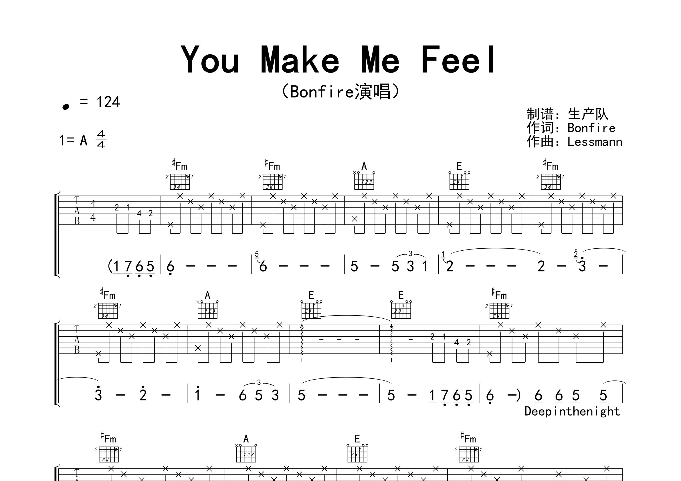 You Make Me Feel吉他谱_Bonfire_A调弹唱六线谱