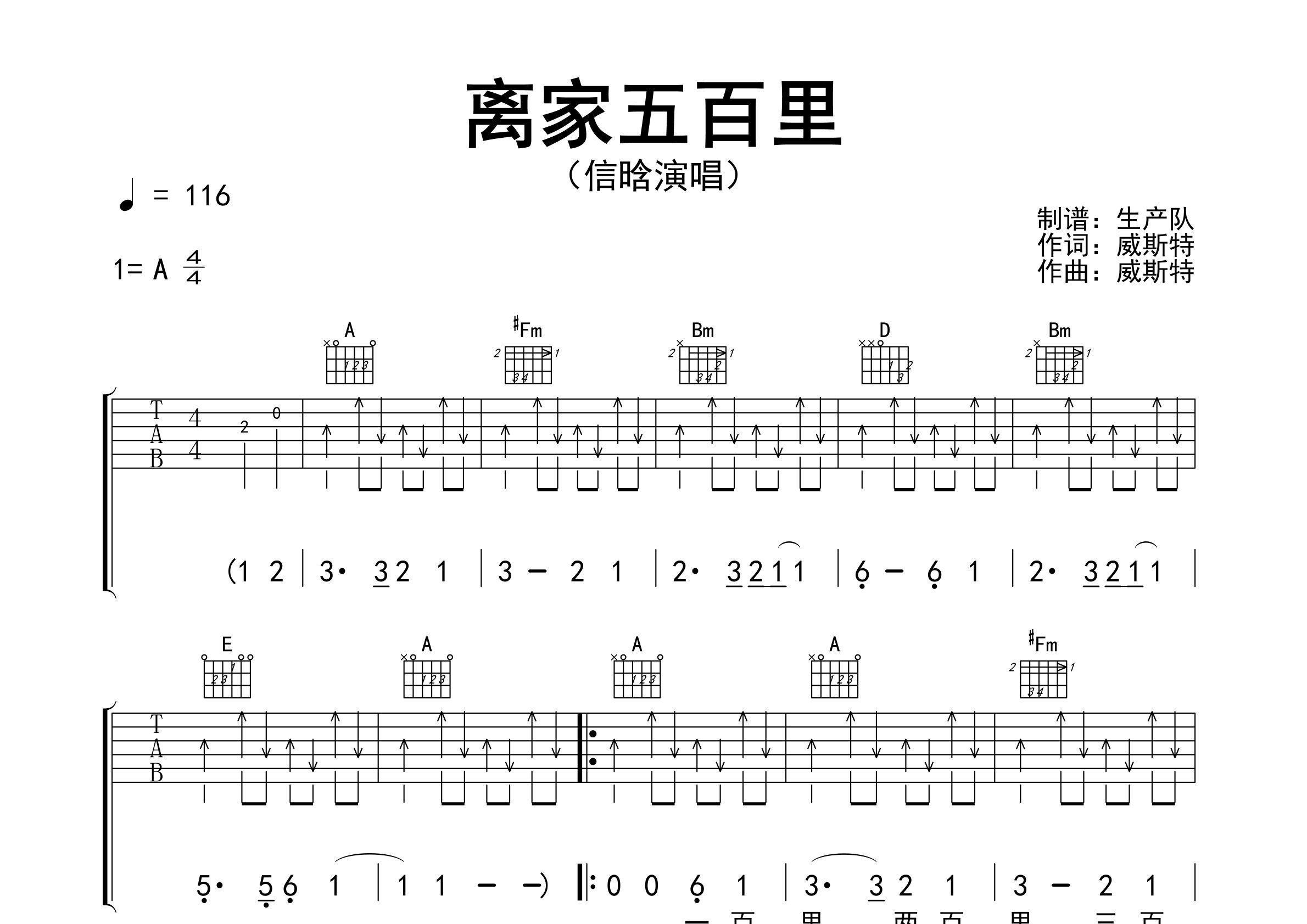 离家五百里吉他谱_信晗_A调弹唱六线谱_生产队上传