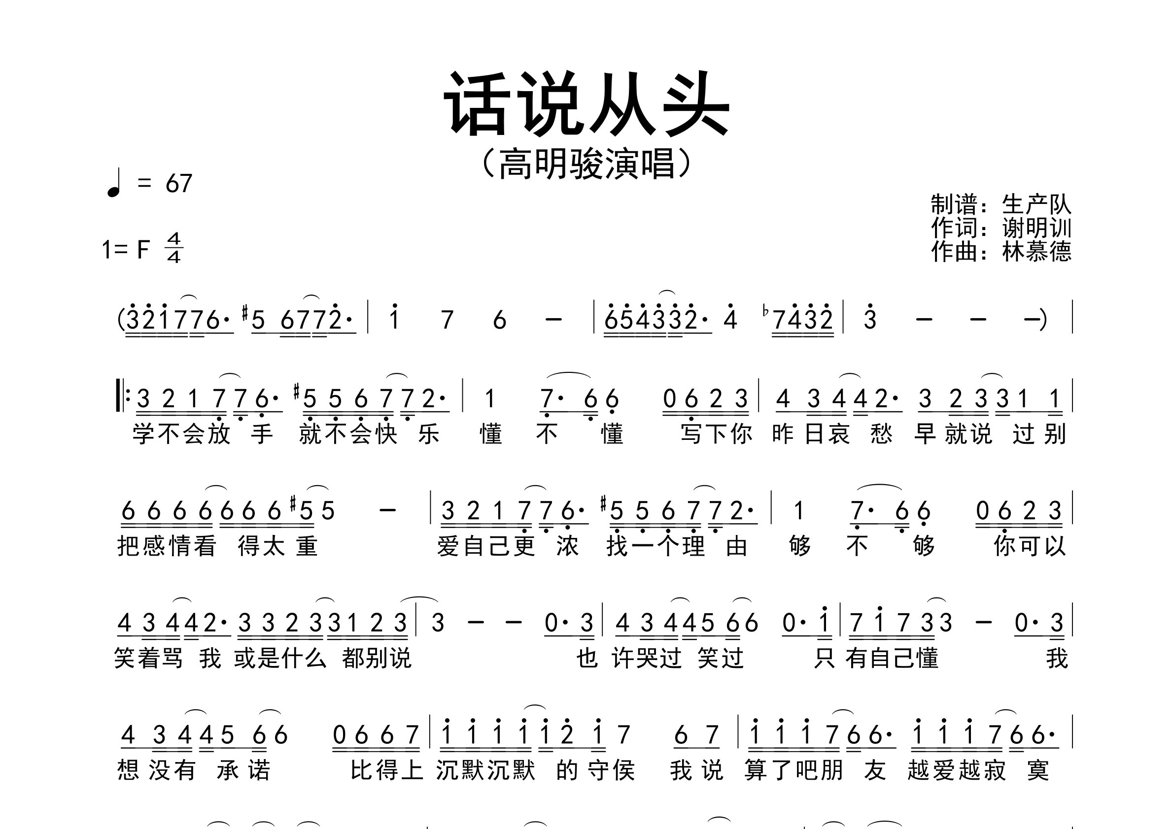 话说从头简谱_高明骏_话说从头歌曲旋律简谱_生产队上传