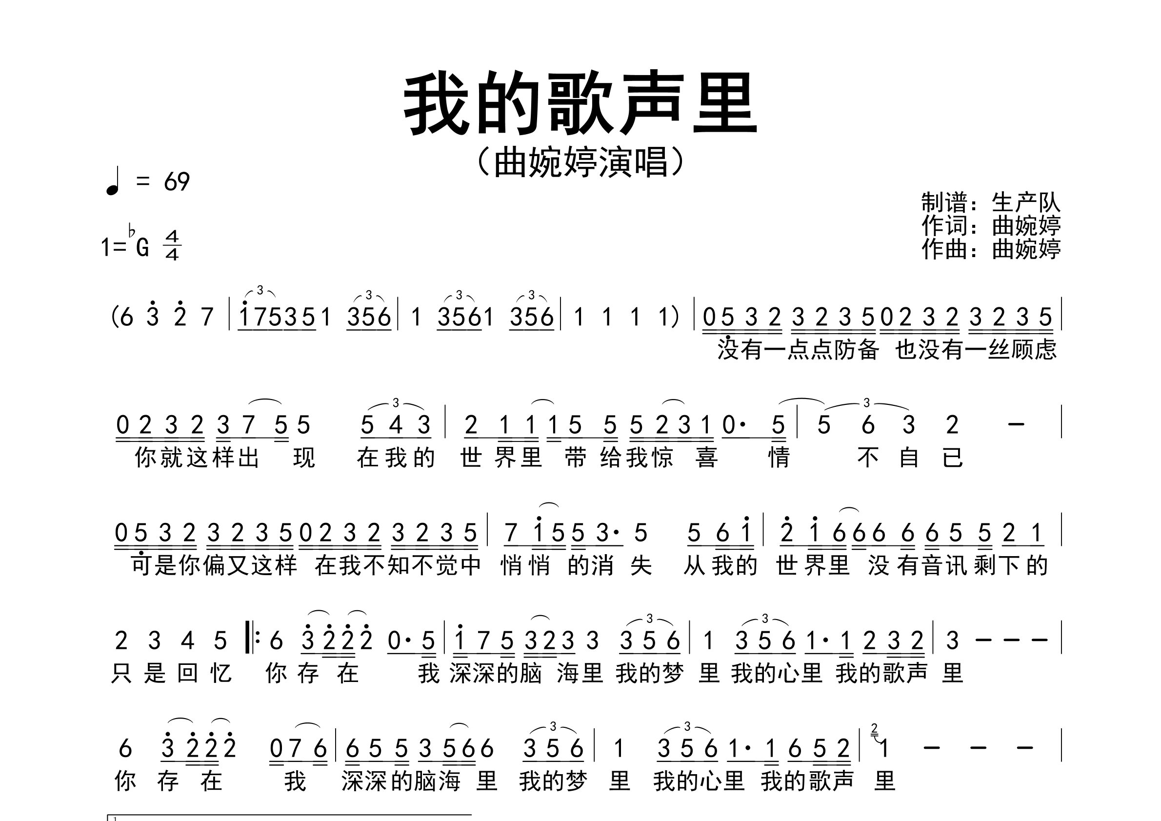 我的歌声里简谱_曲婉婷_歌曲旋律简谱_生产队上传
