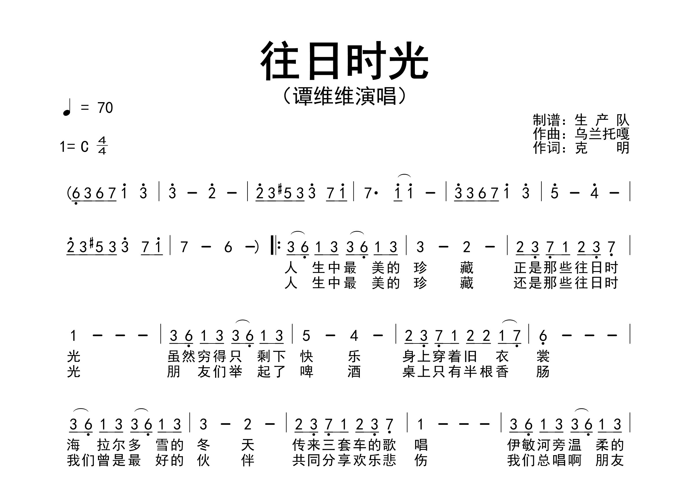 往日时光简谱_谭维维_歌曲旋律简谱_生产队上传