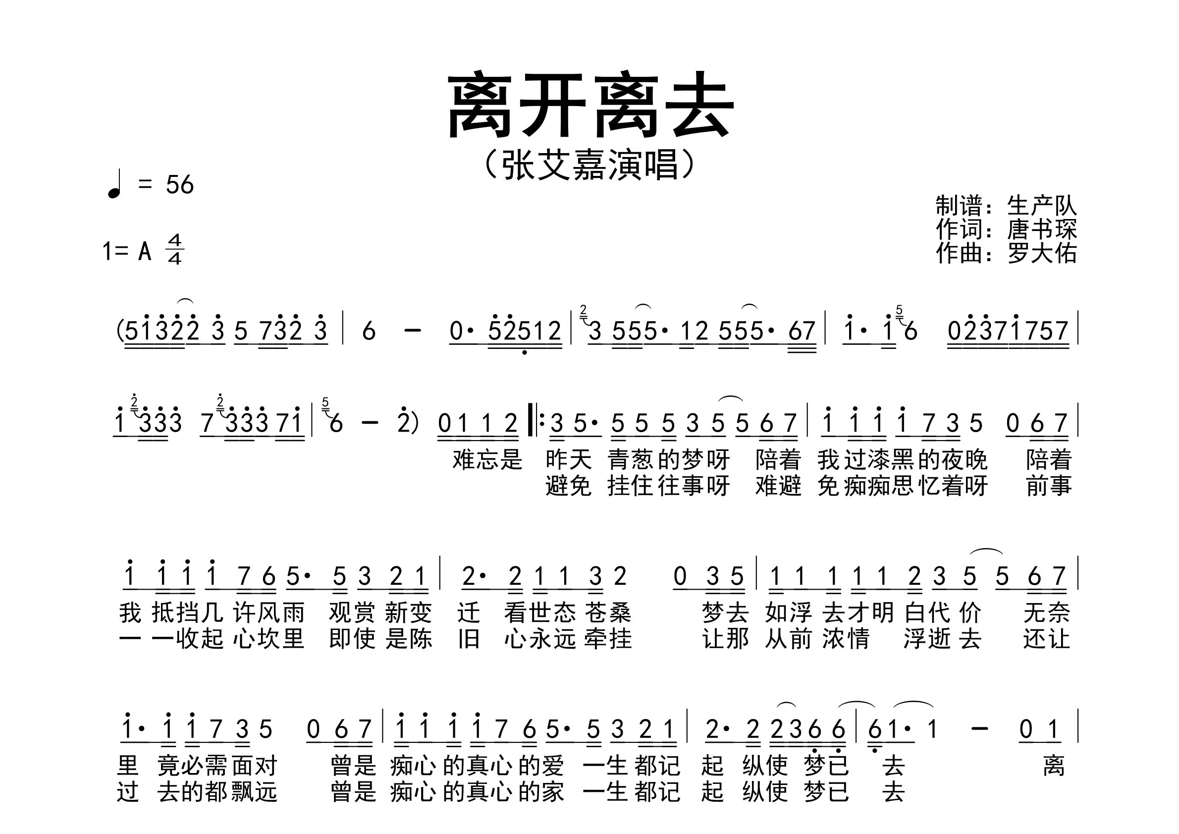 离开离去简谱_张艾嘉_歌曲旋律简谱_生产队上传