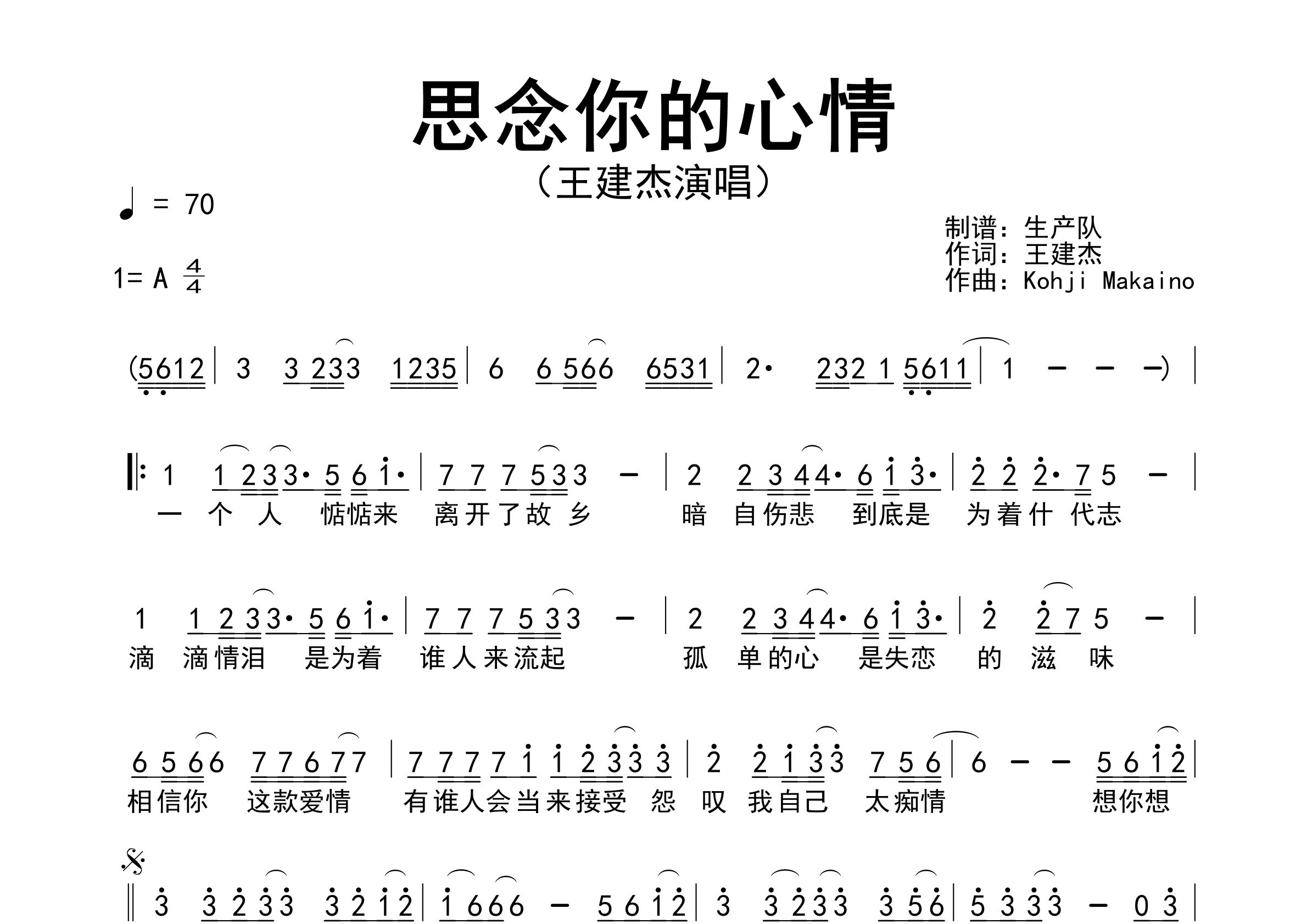 思念你的心情简谱_王建杰_歌曲旋律简谱_生产队上传