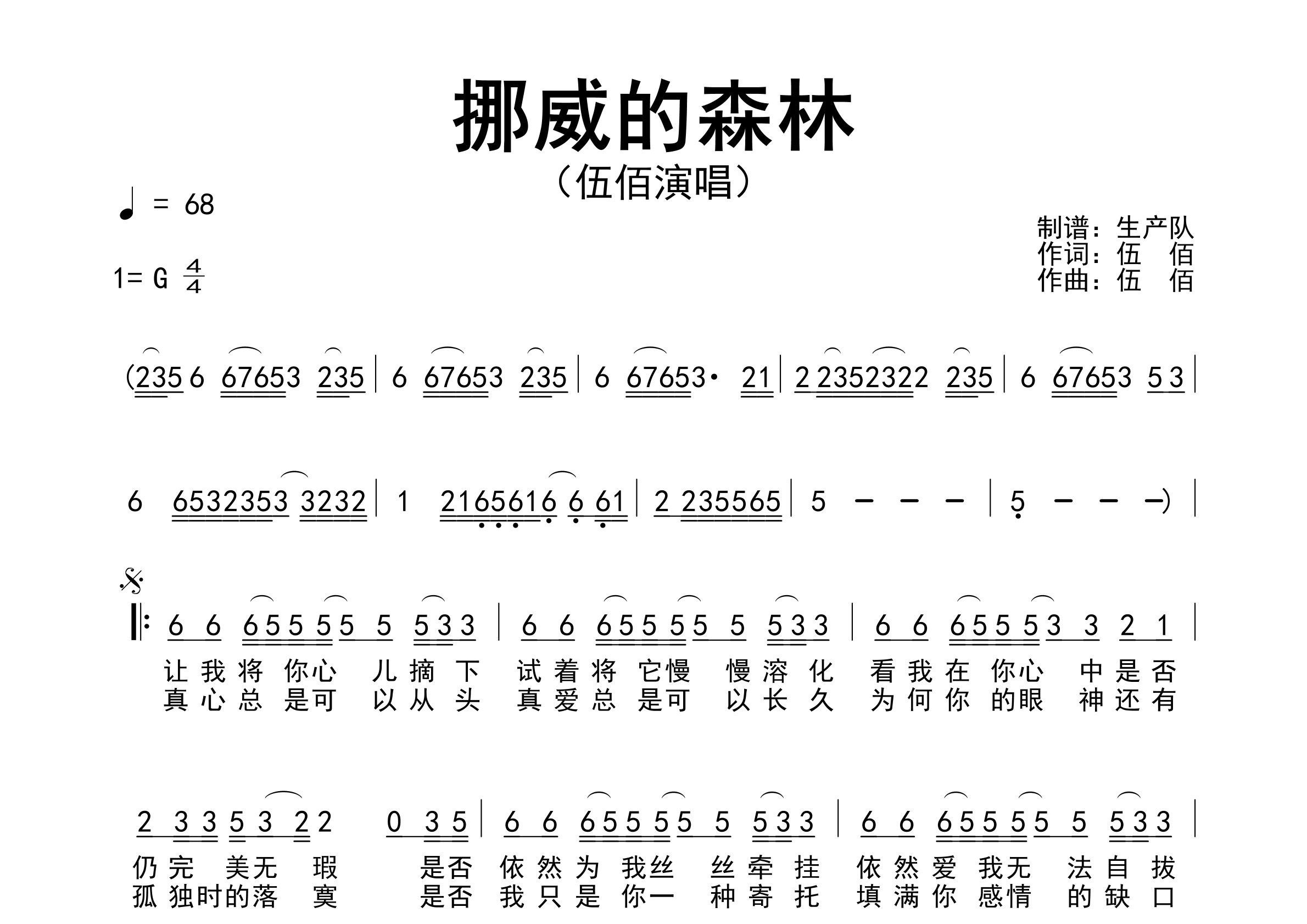 挪威的森林简谱_伍佰_歌曲旋律简谱_生产队上传