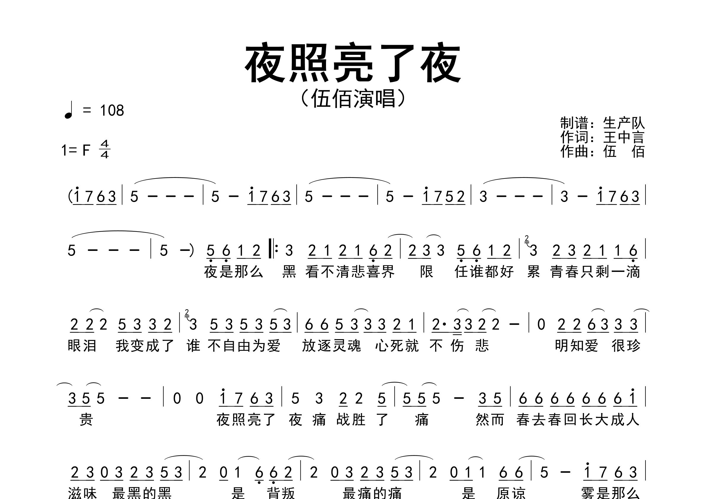 夜照亮了夜简谱_伍佰_歌曲旋律简谱_生产队上传