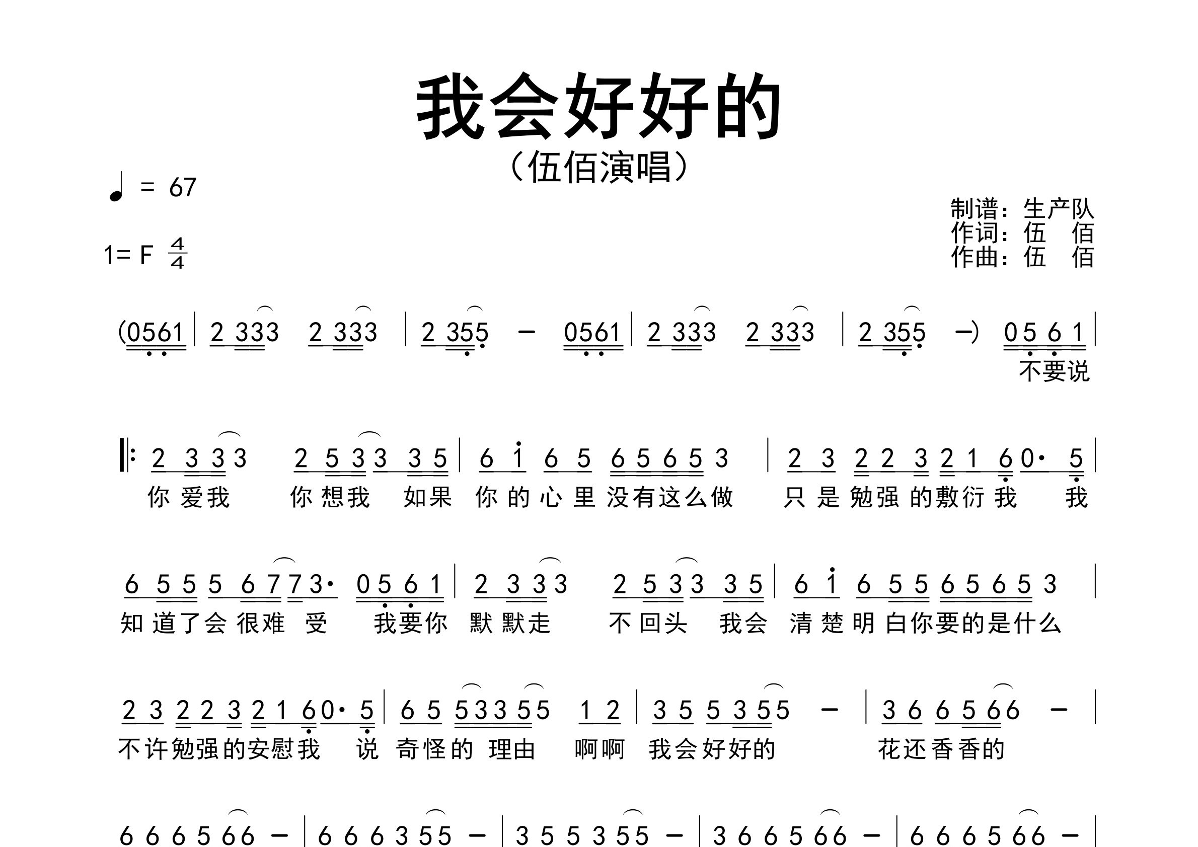 我会好好的简谱_伍佰_歌曲旋律简谱_生产队上传