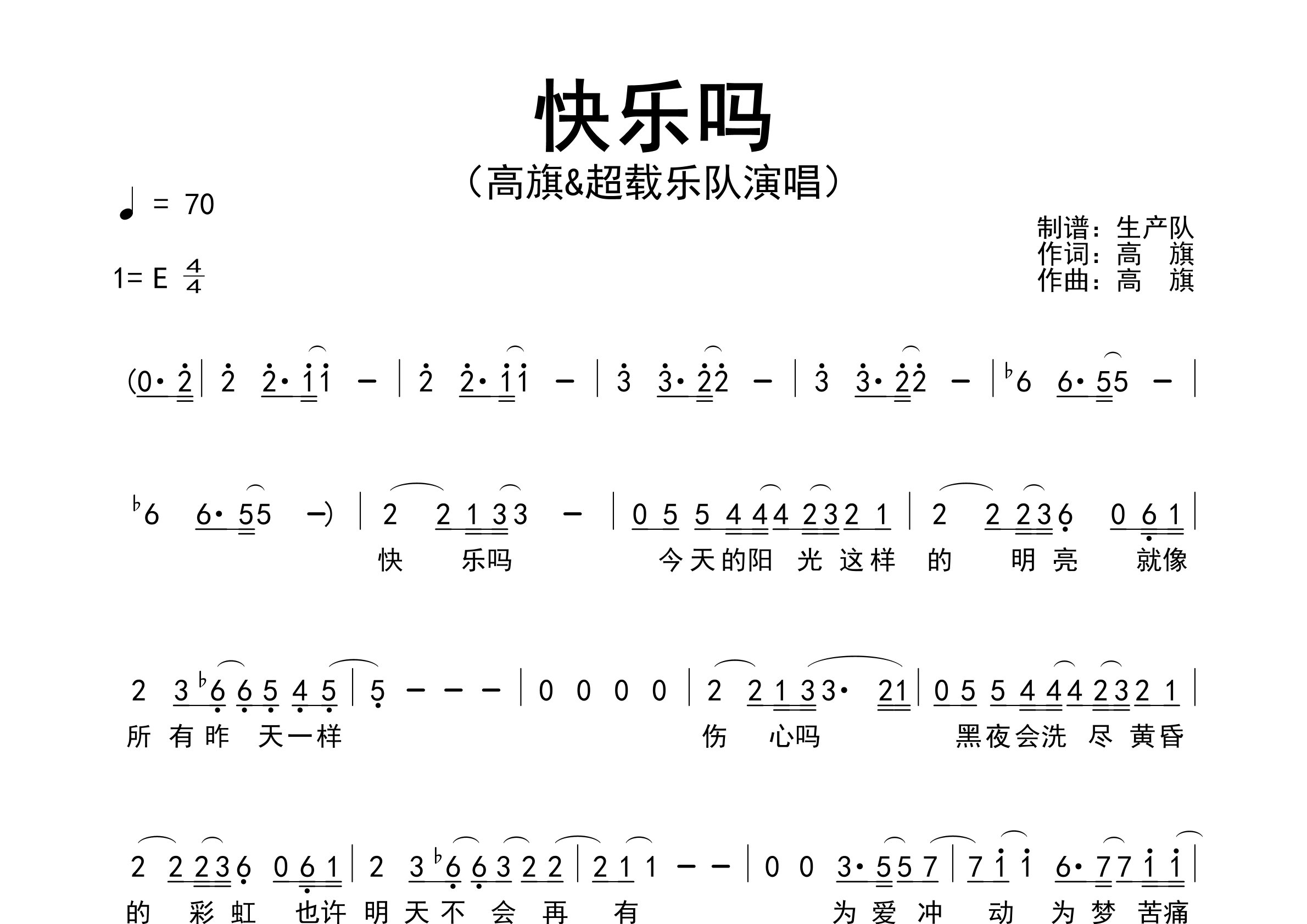 快乐吗简谱_超载乐队_歌曲旋律简谱_生产队上传