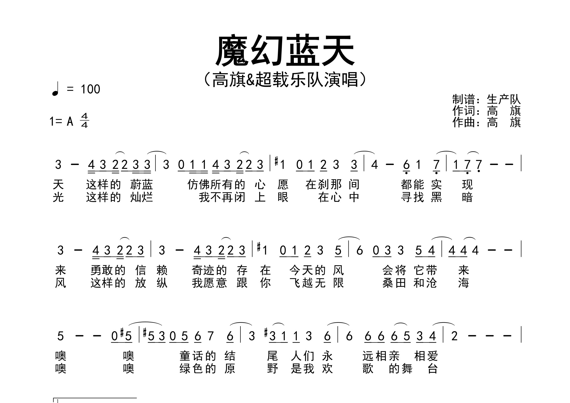 魔幻蓝天简谱_超载乐队_歌曲旋律简谱_生产队上传