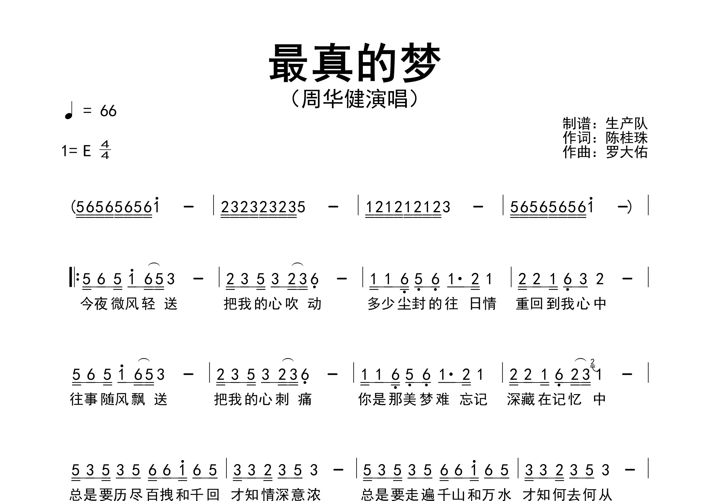 最真的梦简谱_周华健_歌曲旋律简谱_生产队上传