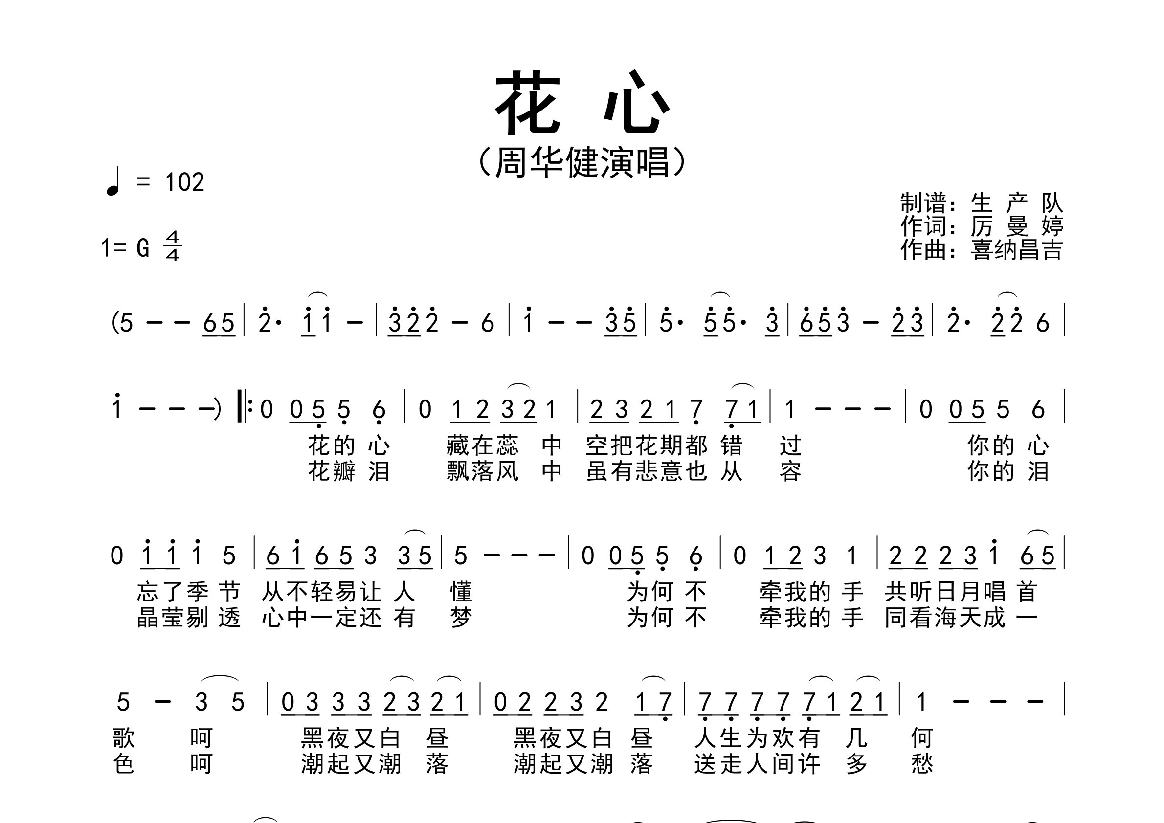 花心简谱_周华健_花心歌曲旋律简谱_生产队上传