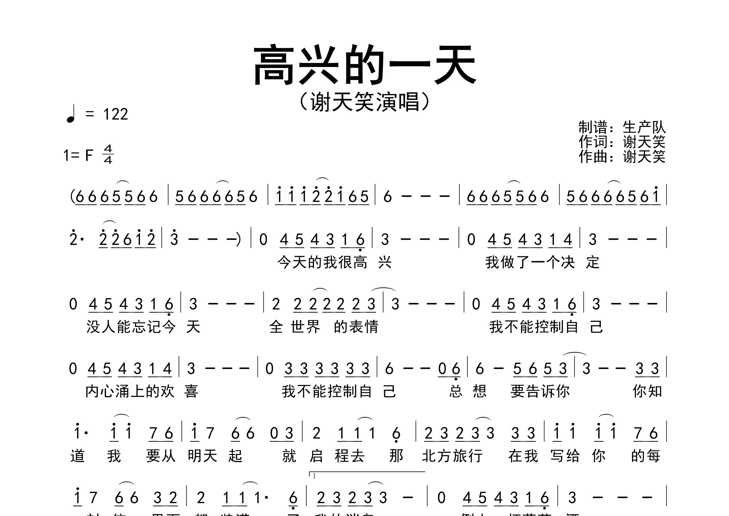 高兴的一天简谱_谢天笑_歌曲旋律简谱_生产队上传