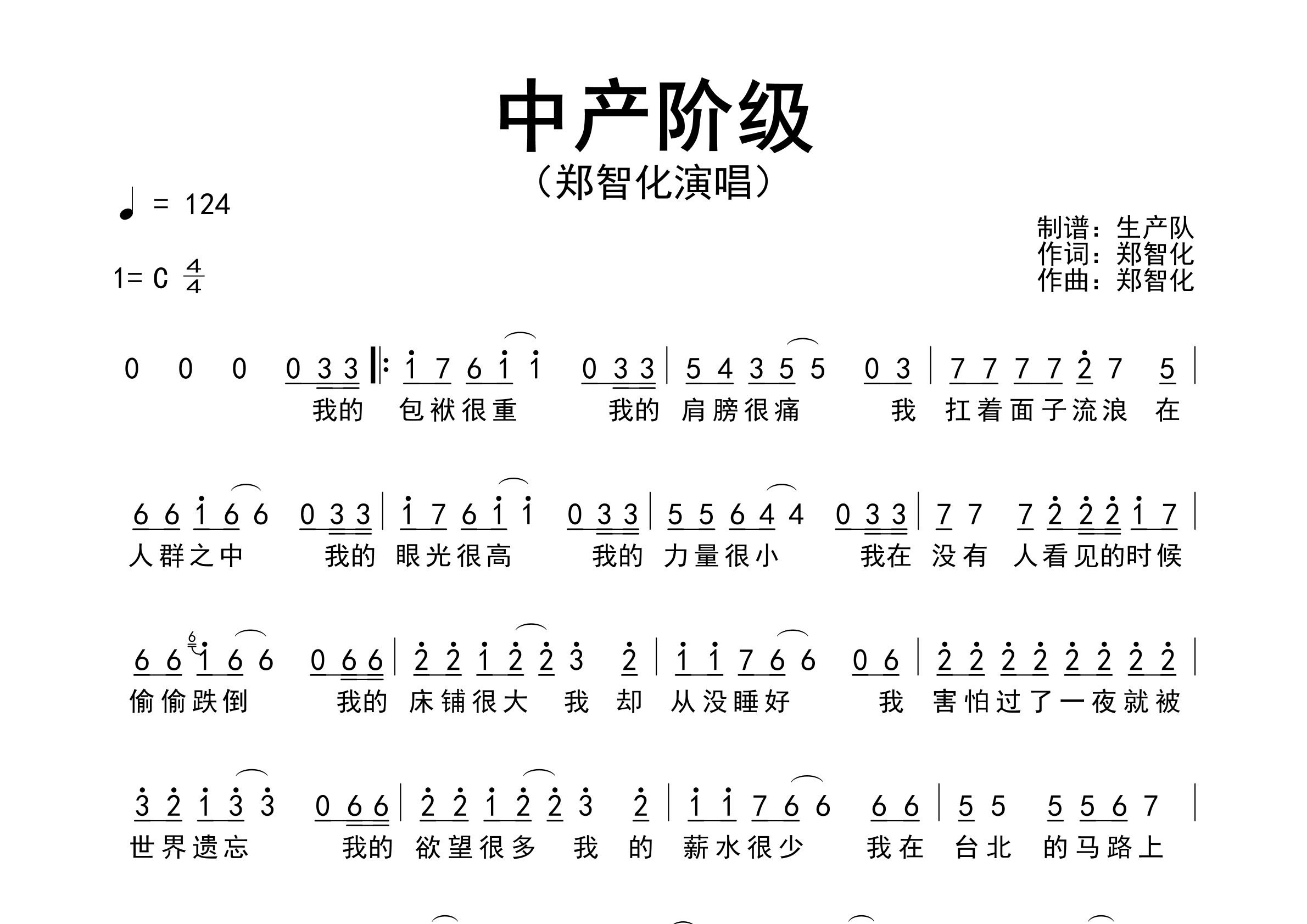 中产阶级简谱_郑智化_歌曲旋律简谱_生产队上传