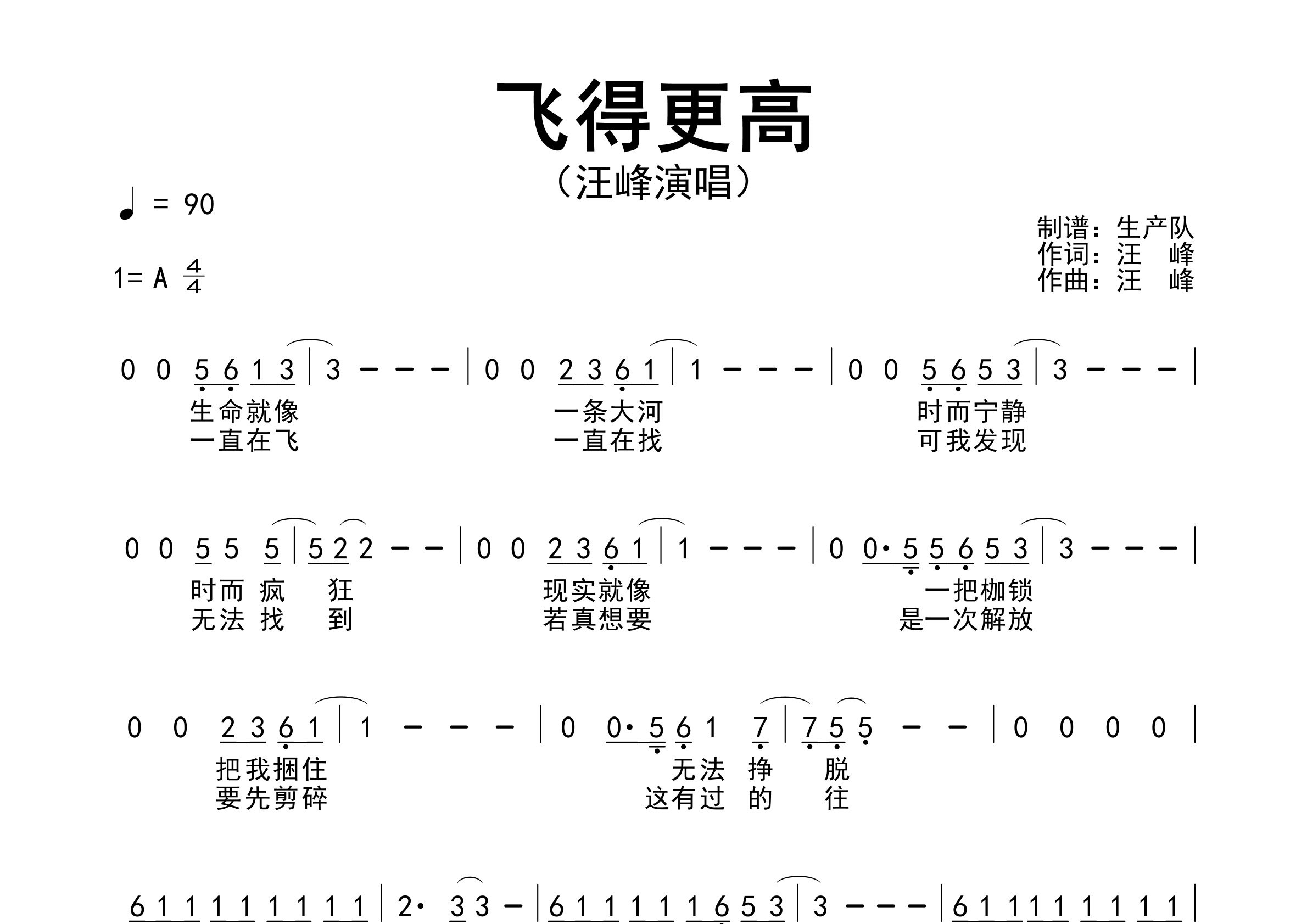 飞得更高简谱_汪峰_歌曲旋律简谱_生产队上传