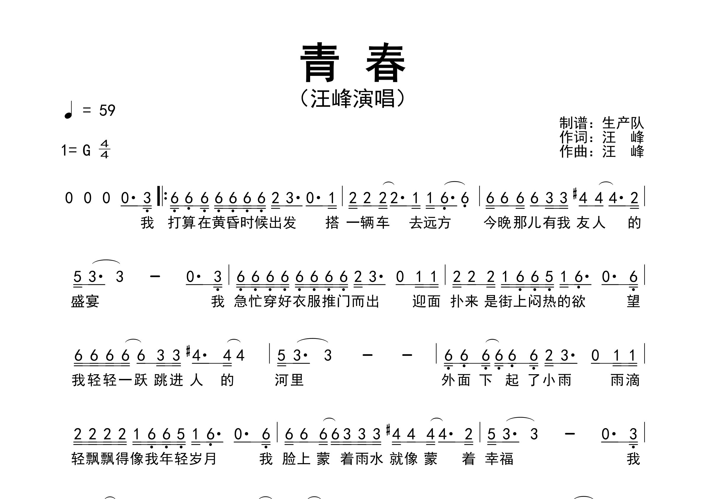 青春简谱_汪峰_青春歌曲旋律简谱_生产队上传