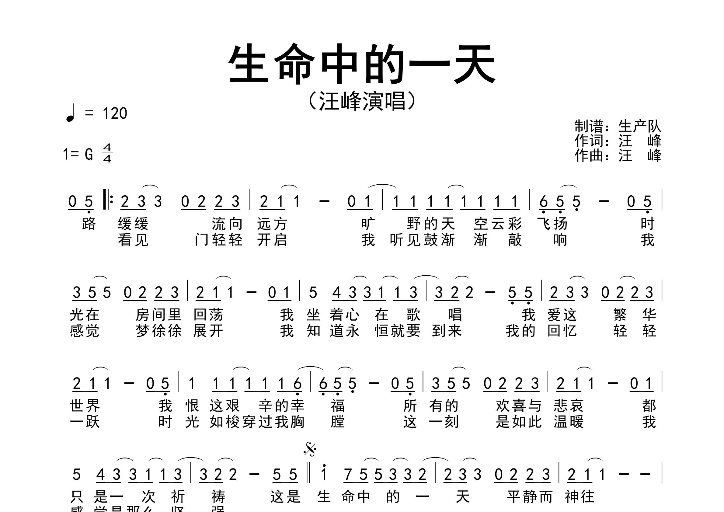 生命中的一天简谱_汪峰_歌曲旋律简谱_生产队上传