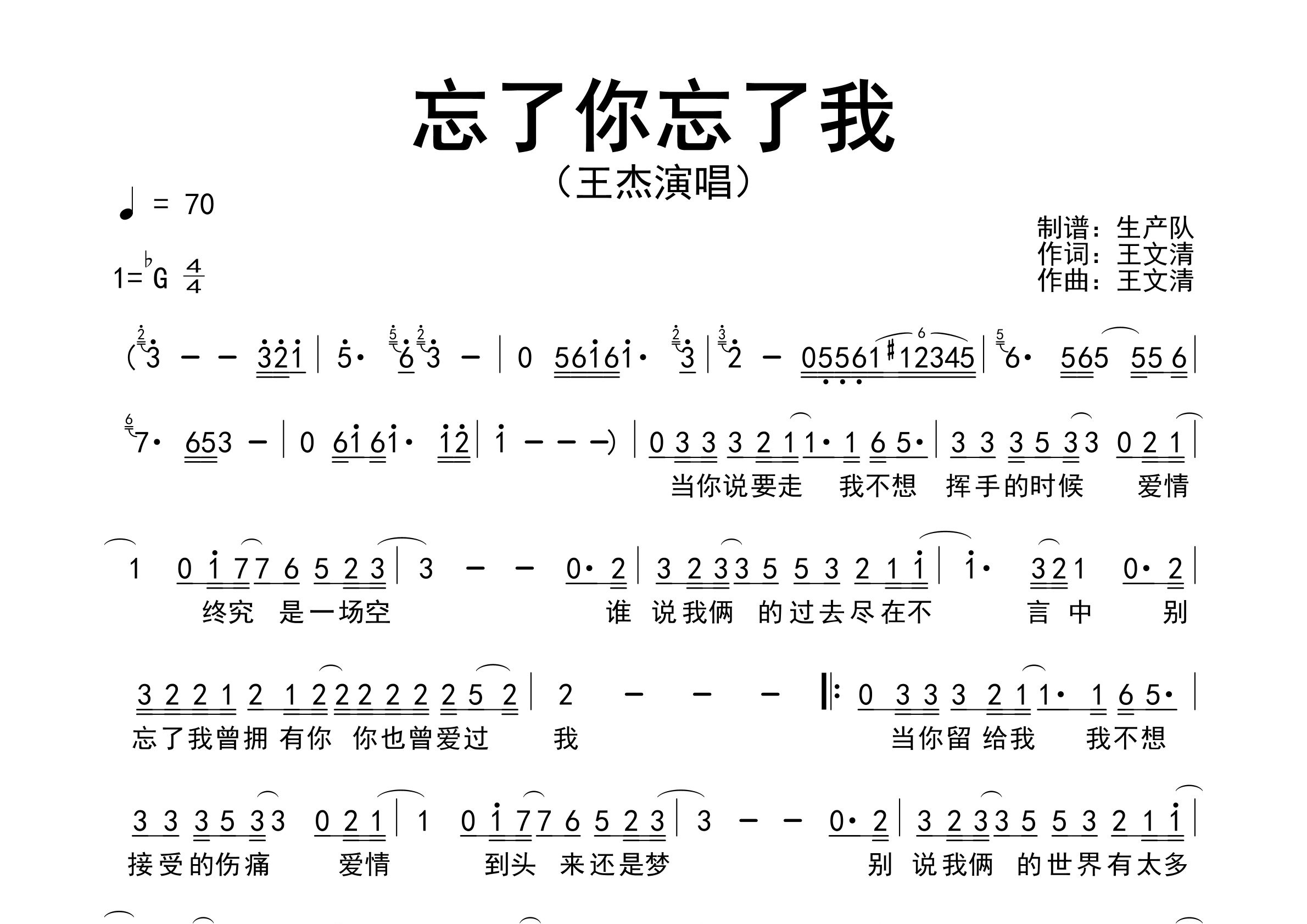 忘了你忘了我简谱_王杰_歌曲旋律简谱_生产队上传