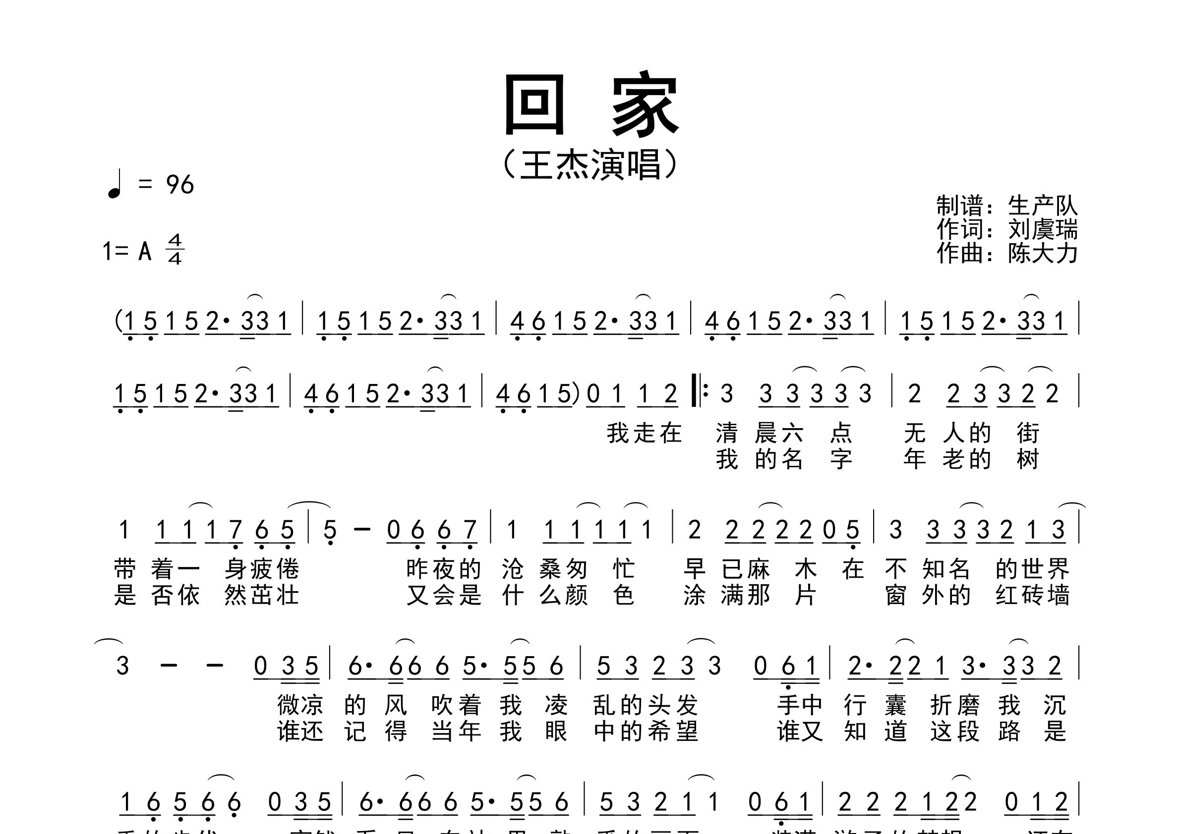 回家简谱_王杰_回家歌曲旋律简谱_生产队上传