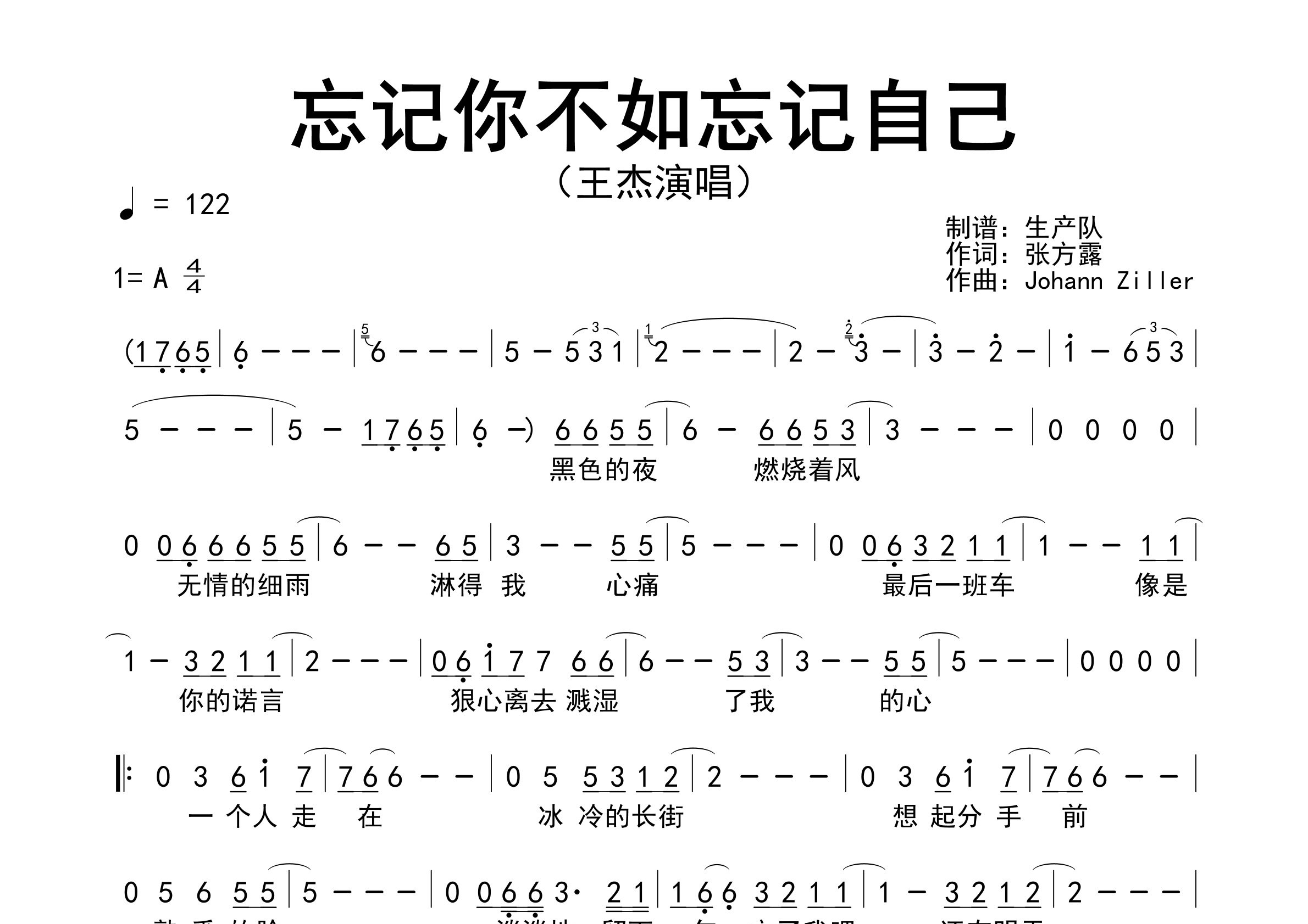 忘记你不如忘记自己简谱_王杰_歌曲旋律简谱_生产队上传