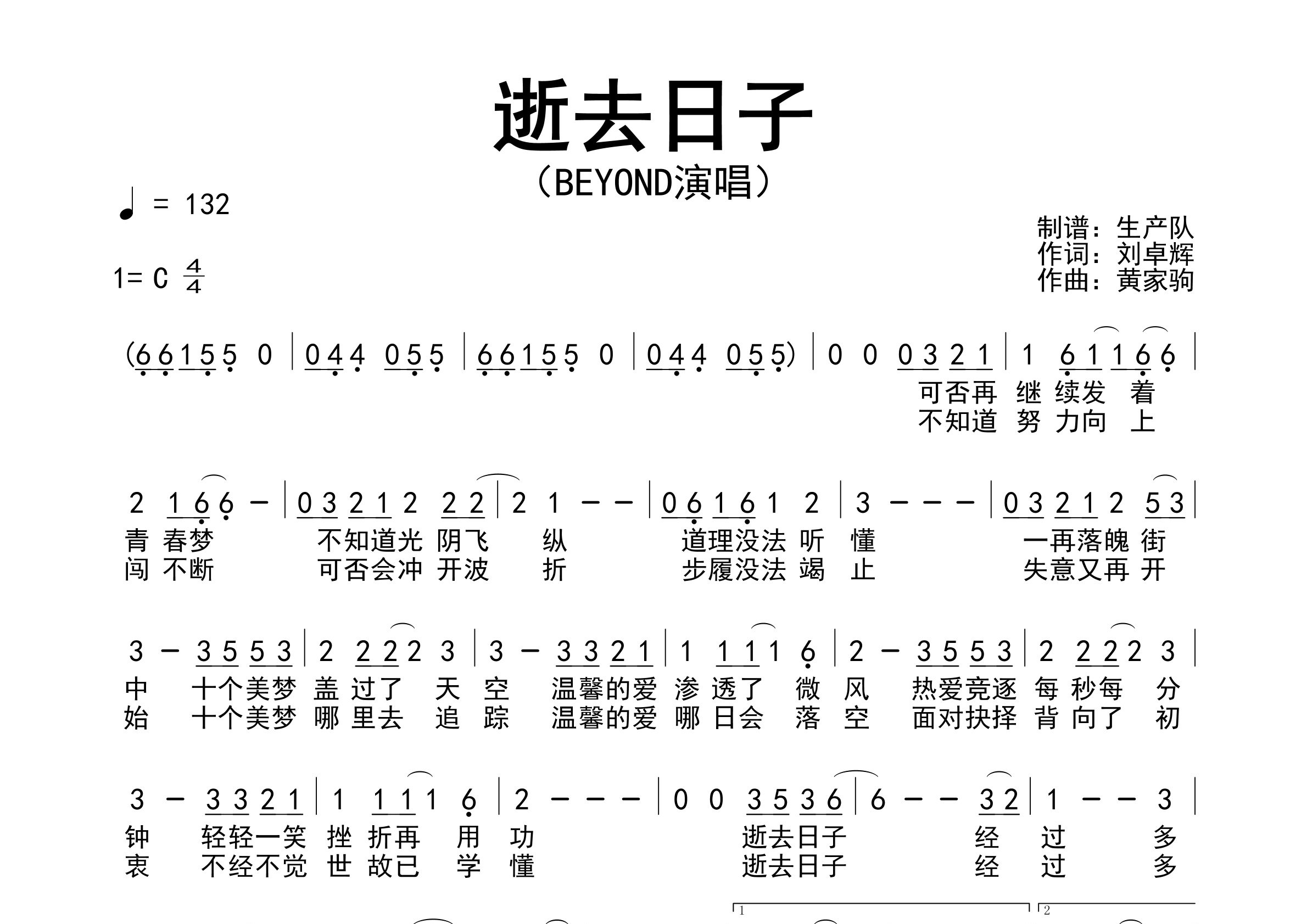 逝去日子简谱_Beyond_歌曲旋律简谱_生产队上传