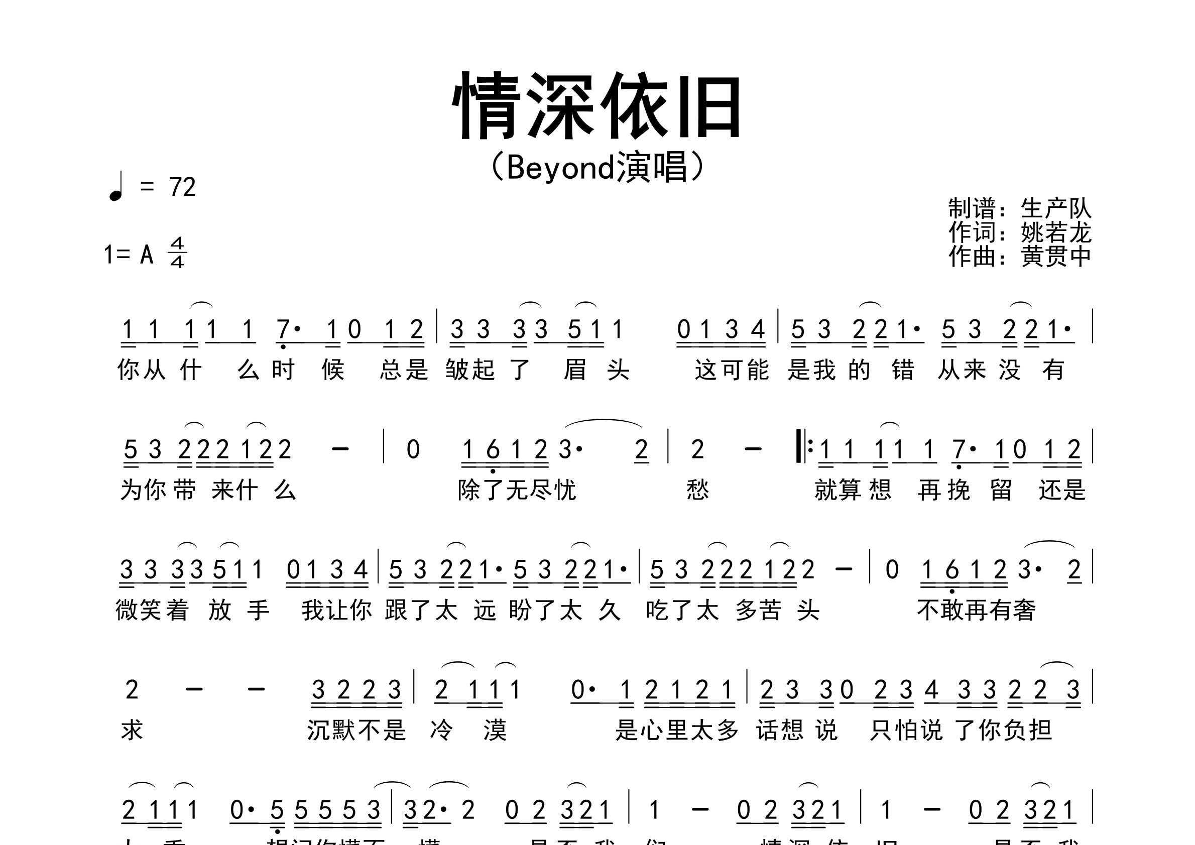 情深依旧简谱_Beyond_歌曲旋律简谱_生产队上传