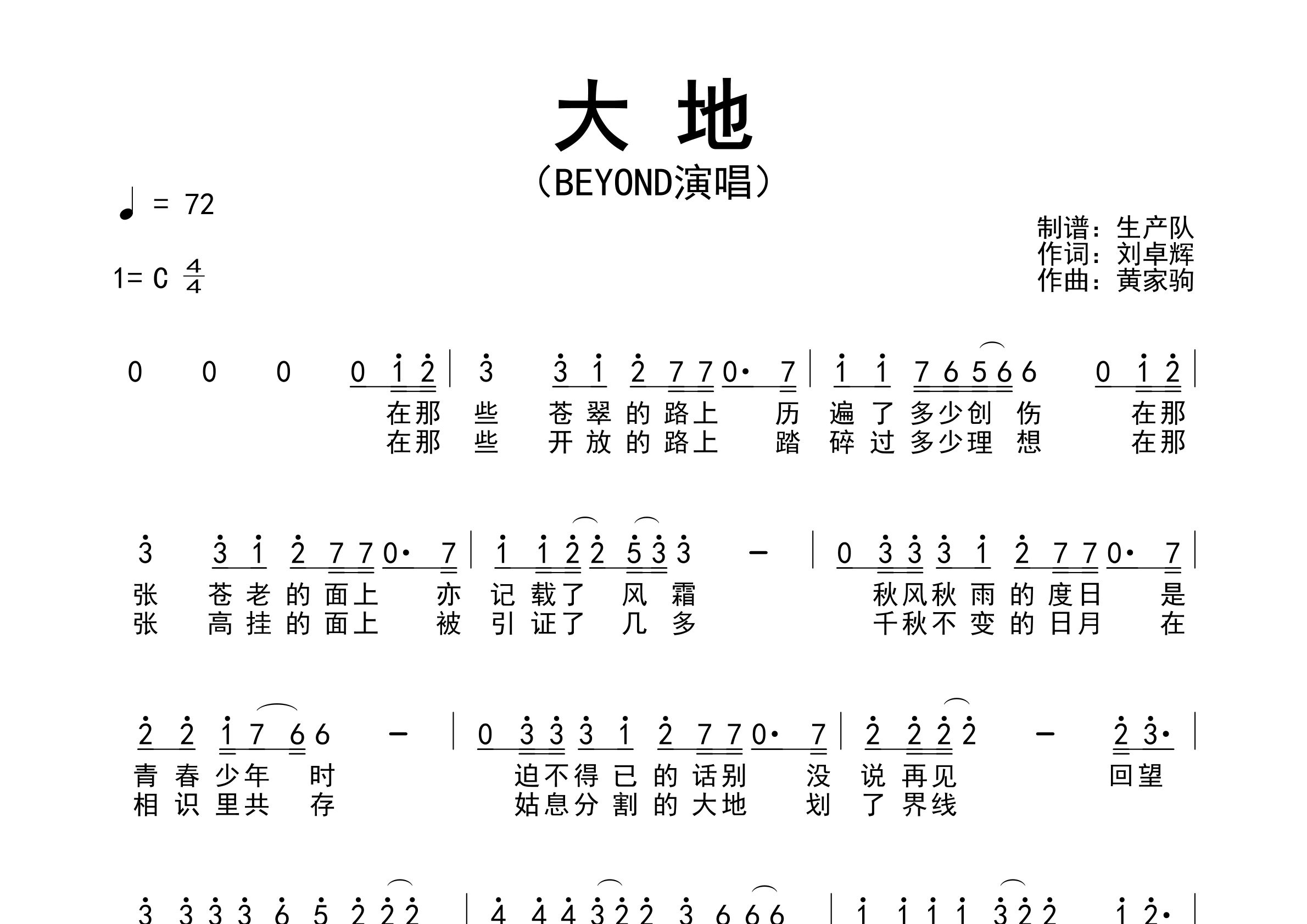 大地简谱_Beyond_大地歌曲旋律简谱_生产队上传